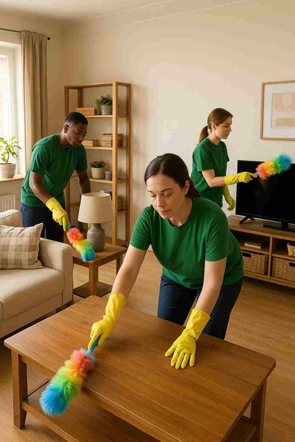 Three Professional cleaners, dusting different parts of a spacious, living room table in a modest, cozy home—reflecting affordable local house cleaning services.