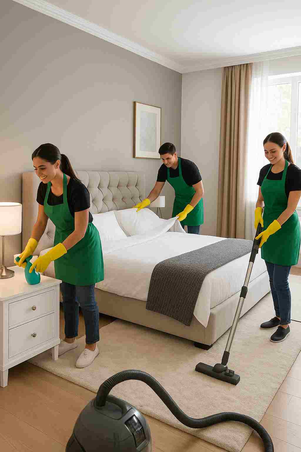 Three Professional cleaners, tidying up different parts of a master bedroom room in a majestic modern home, representing domestic cleaning services