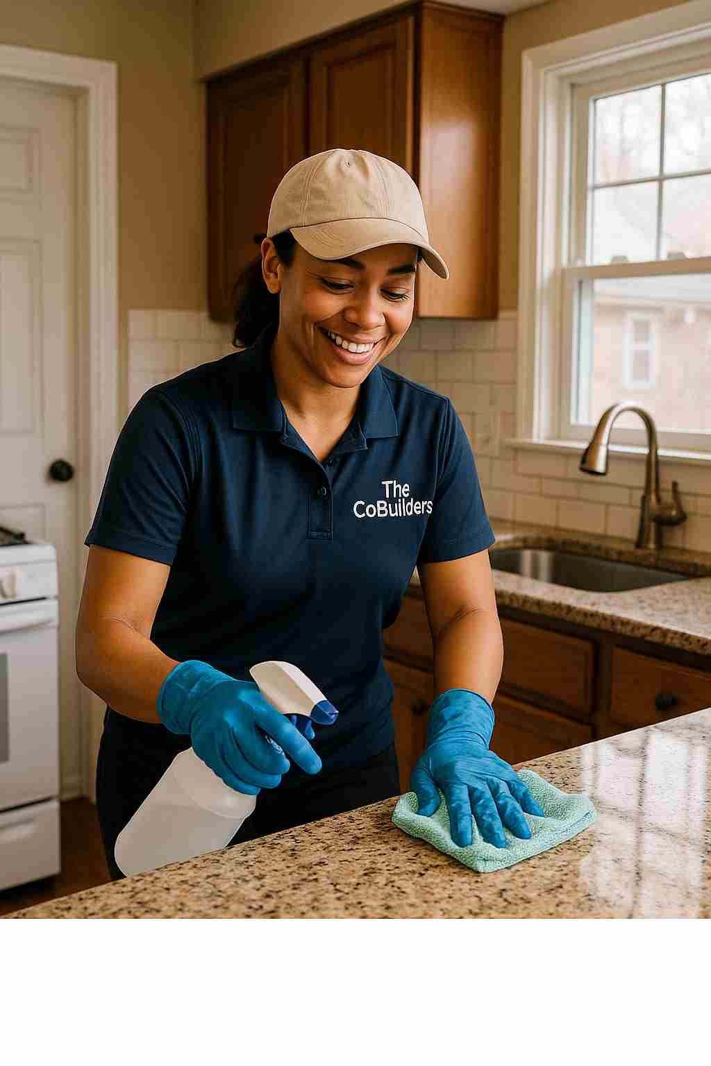 A friendly, professional house cleaner, with "The CoBuilders" label on their uniform, wiping down a kitchen countertop in a cozy Kansas City home.