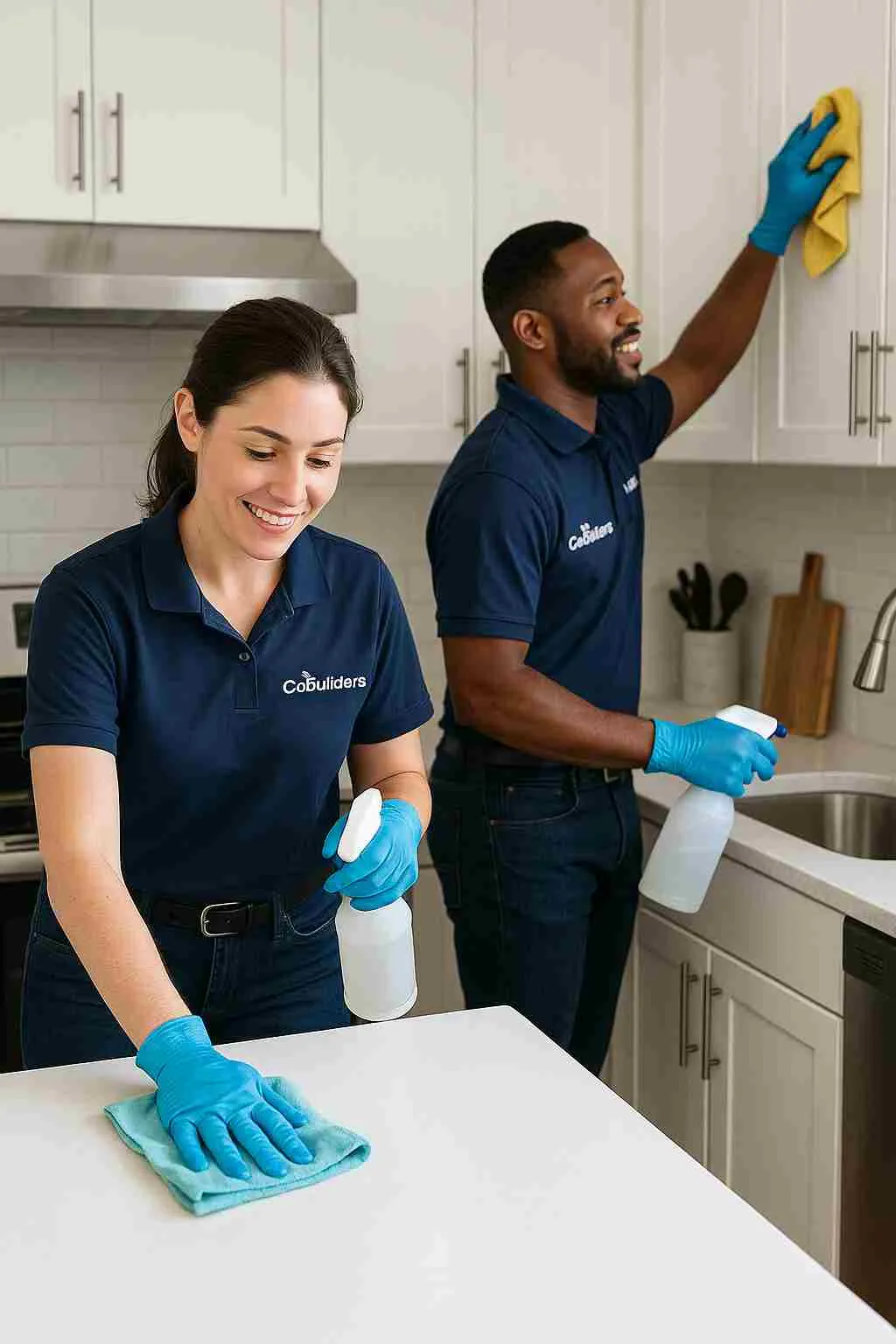 Two professional house cleaners, with "The CoBuilders" labels on their uniforms, wiping different parts of a kitchen space during a cleaning appointment.
