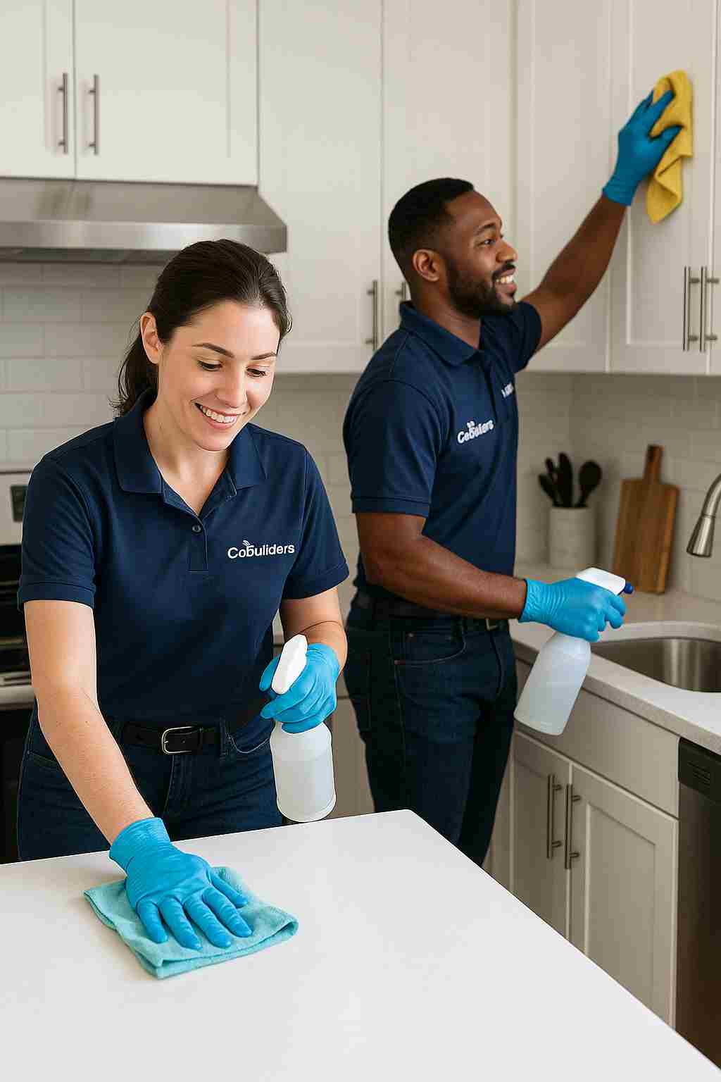 Two professional house cleaners, with "The CoBuilders" labels on their uniforms, wiping different parts of a kitchen space during a cleaning appointment.