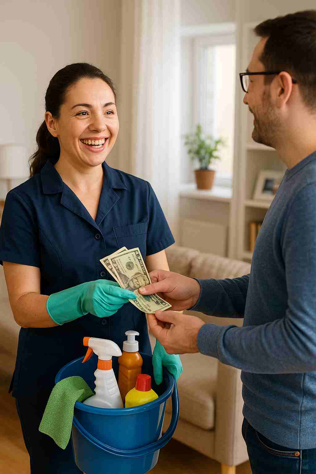 A happy professional house cleaner receiving a cash tip from a satisfied homeowner after a cleaning session.