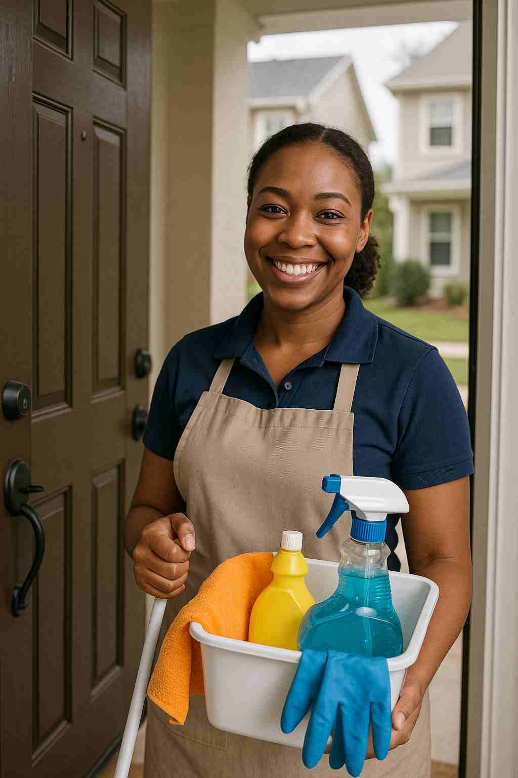 A smiling house cleaner prepping to enter a local home with cleaning supplies in hand.