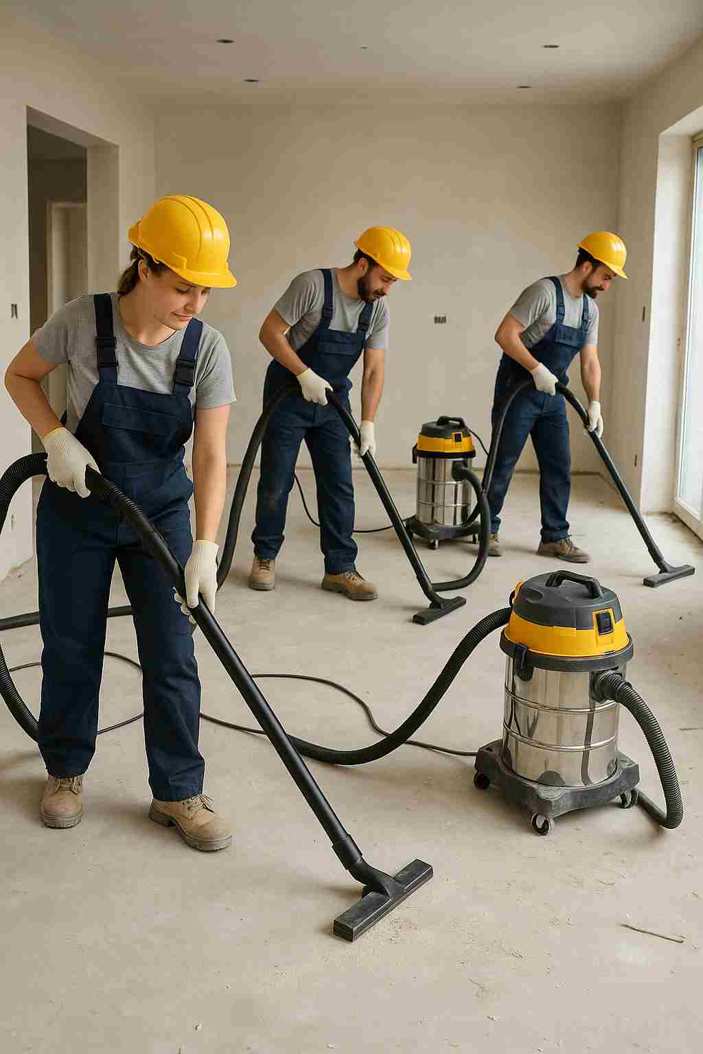 Cleaning professional vacuuming after a home renovation, depicting builders cleaning services restoring a fresh construction site.