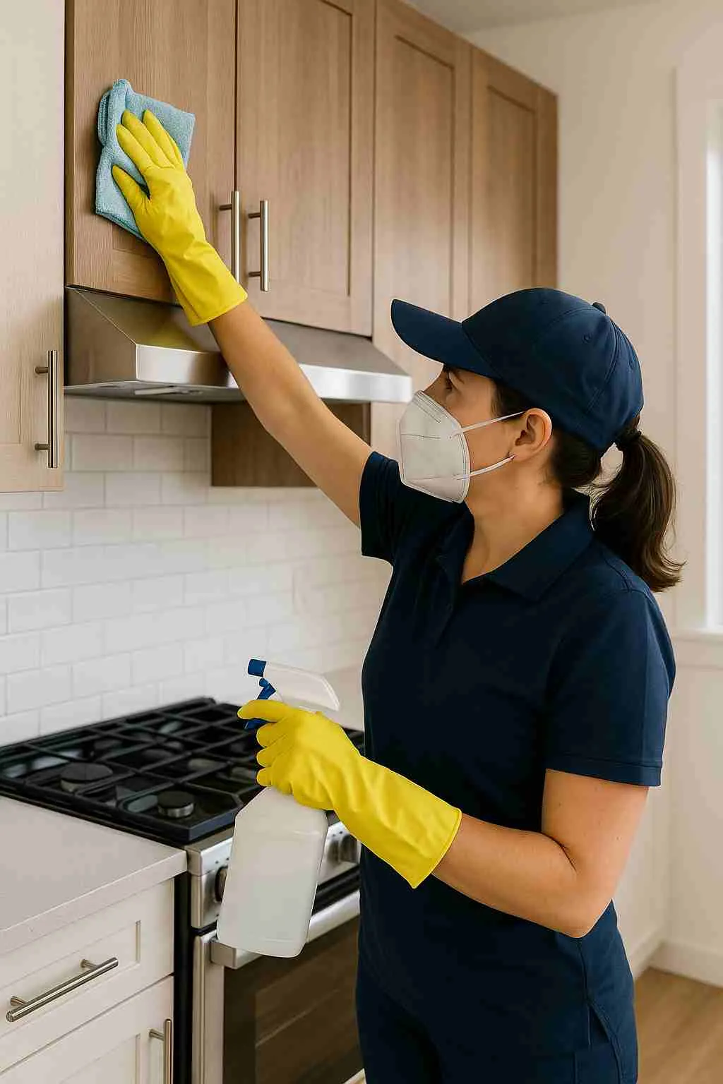 A professional cleaner sanitizing kitchen cabinets in a newly occupied home—preparing a fresh space before move-in.