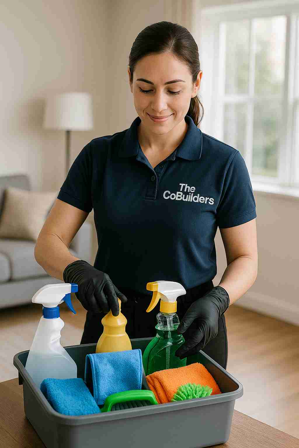 Professional cleaner with "The CoBuilders" label preparing cleaning supplies before heading to a residential job, symbolizing opportunity and growth in the cleaning industry.