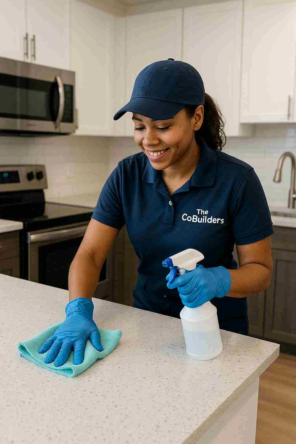 Professional cleaner with "The CoBuilders" label on their uniform, wiping down kitchen counters during a move-out cleaning session in a modern home.