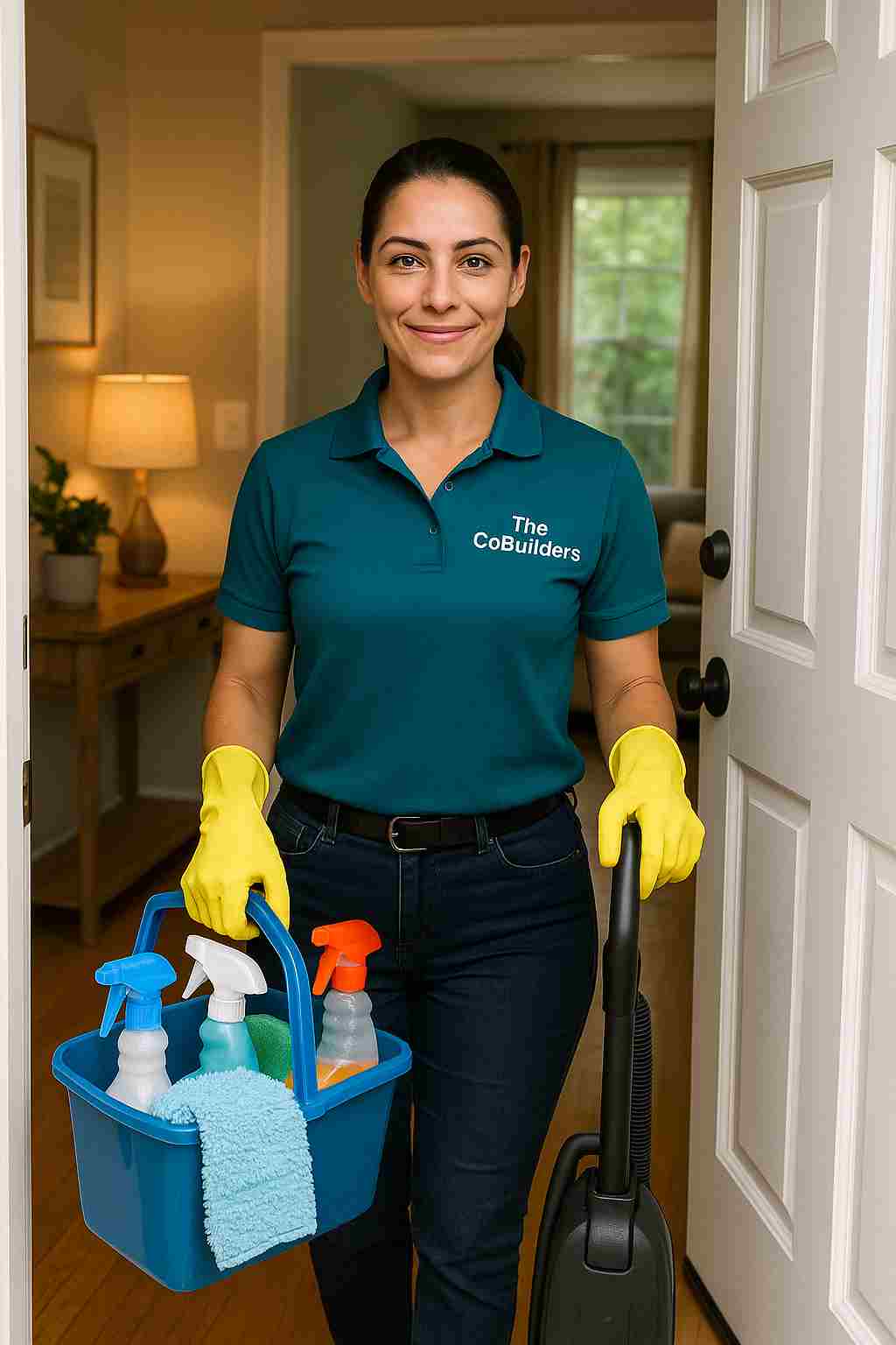 A confident, professional cleaner, with "The CoBuilders" label on their uniform, with supplies arriving at a cozy home—highlighting ease in finding and booking local cleaning services.