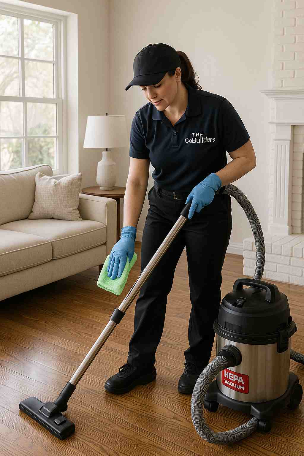 A professional cleaner with "The CoBuilders" label on their uniform, using HEPA vacuum and microfiber cloths to deep-clean a hardwood floor in a bright Fort Worth living room.