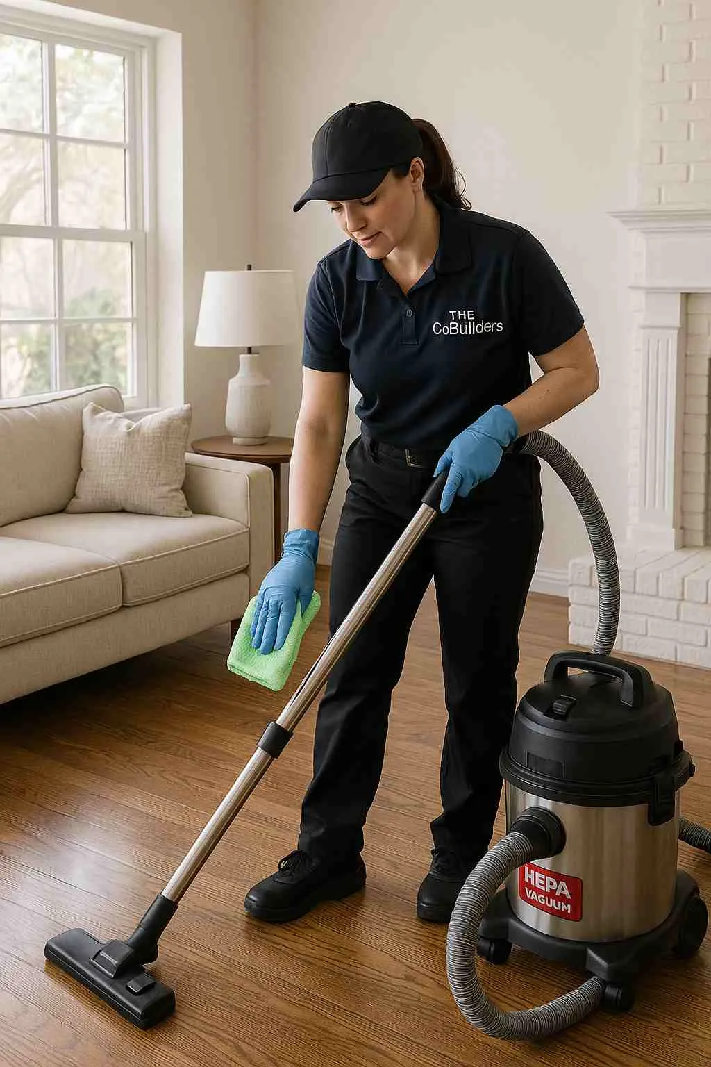 A professional cleaner with "The CoBuilders" label on their uniform, using HEPA vacuum and microfiber cloths to deep-clean a hardwood floor in a bright Fort Worth living room.