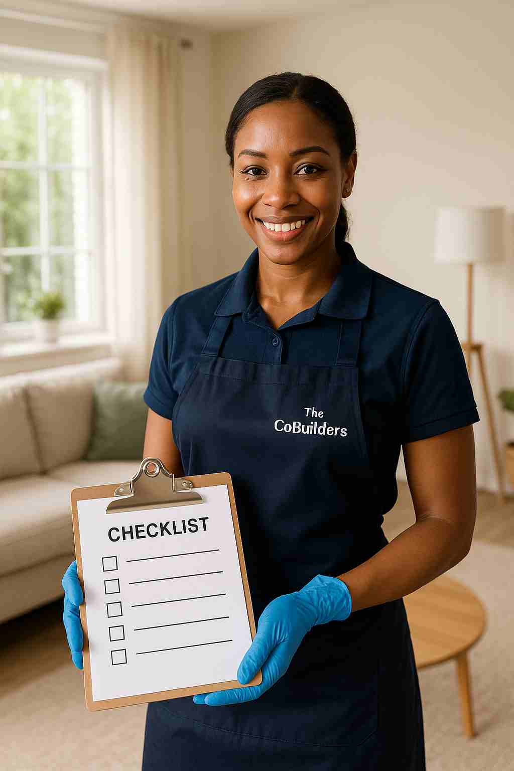 A professional cleaner wearing gloves and apron, with "The CoBuilders" label on ther uniform, holding a checklist in a clean, sunlit living room—representing trust and professionalism.