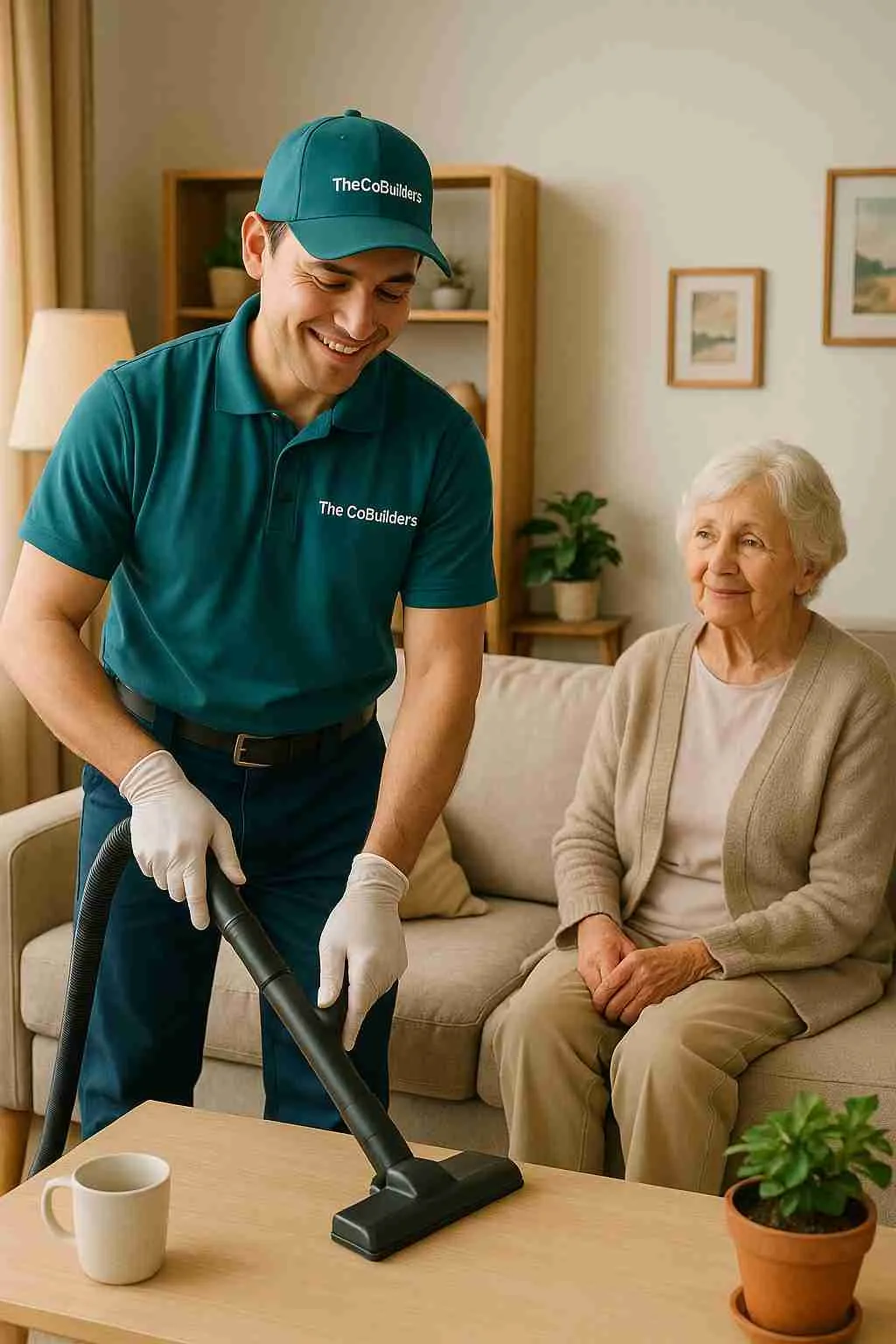 A friendly professional cleaner, with "The CoBuilders" label on their uniform, respectfully tidying a senior’s living room, focusing on comfort and home safety.