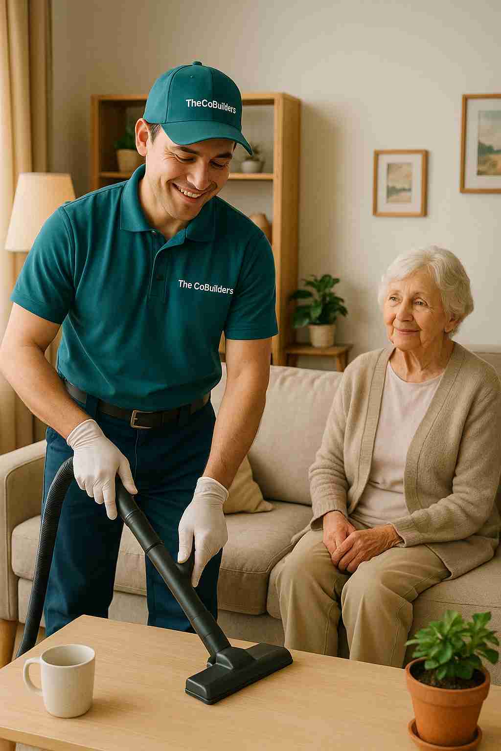 A friendly professional cleaner, with "The CoBuilders" label on their uniform, respectfully tidying a senior’s living room, focusing on comfort and home safety.