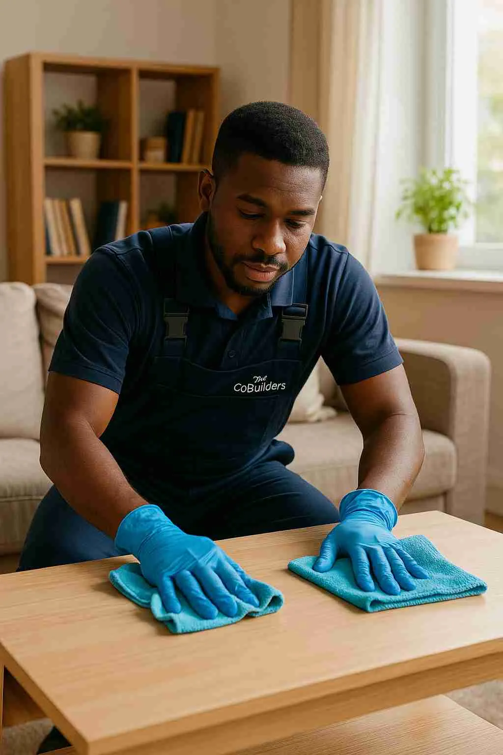 An African American male professional cleaner , with "The CoBuilders" label on their uniform, carefully dusting furniture with microfiber cloths in a bright, lived-in home.