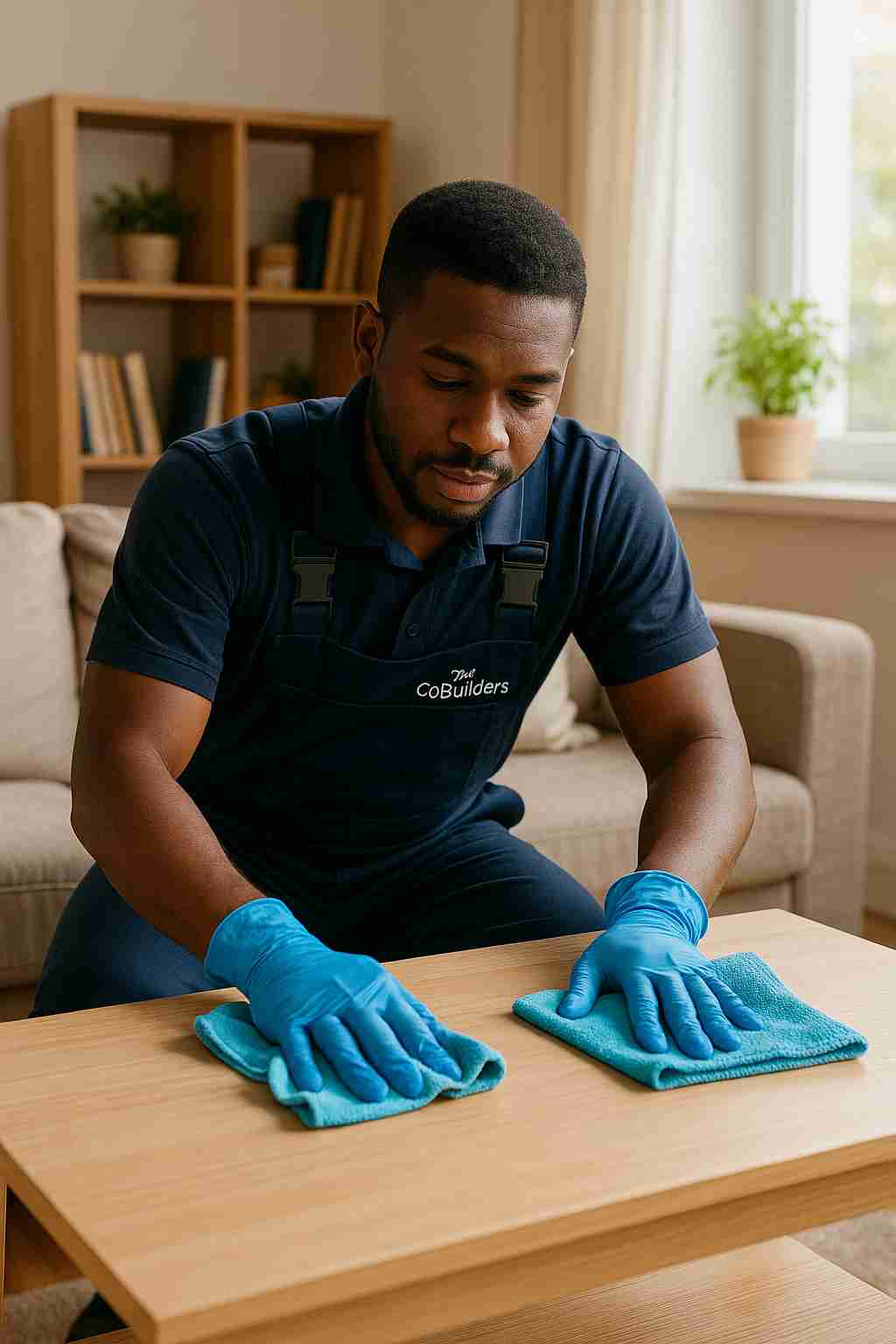 An African American male professional cleaner , with "The CoBuilders" label on their uniform, carefully dusting furniture with microfiber cloths in a bright, lived-in home.