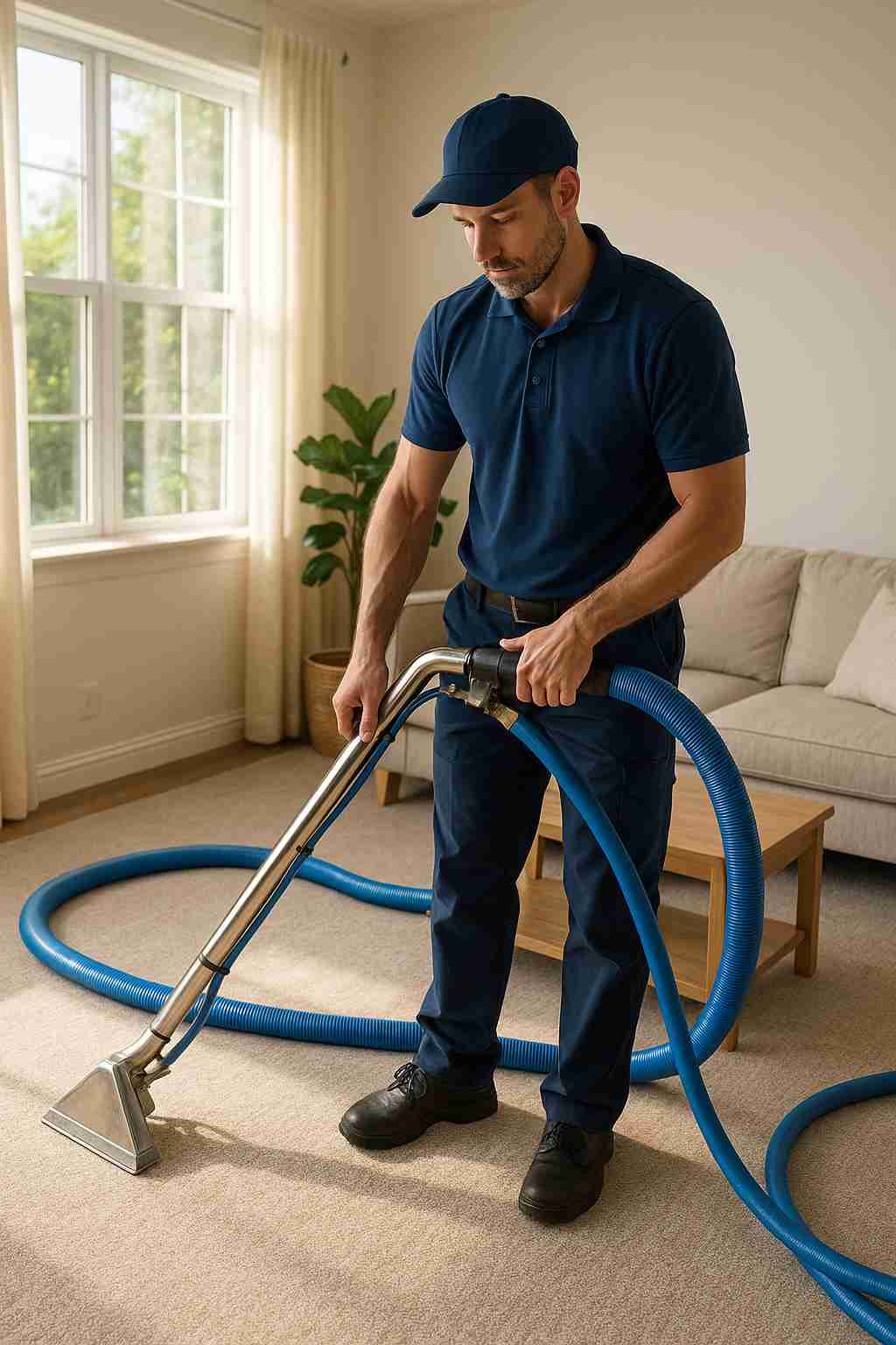 A professional technician using hot water extraction equipment to deep-clean a carpet in a sunlit living room.