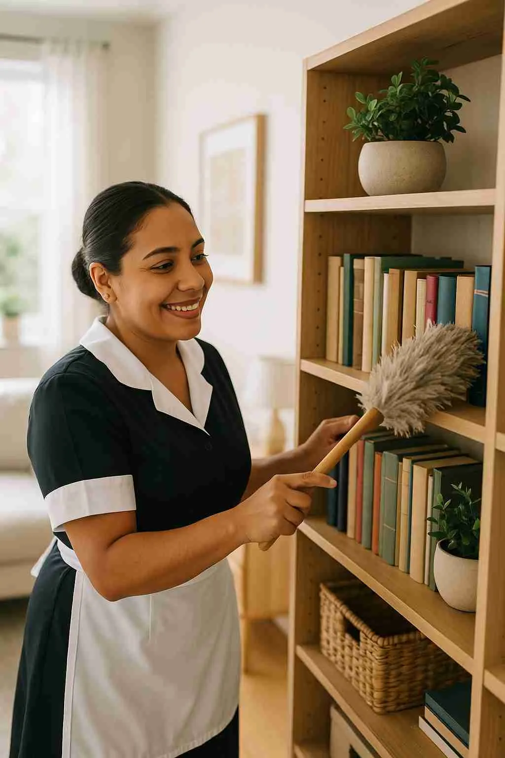 A friendly Hispanic maid carefully dusting a bookshelf in a well-lit, organized living room.