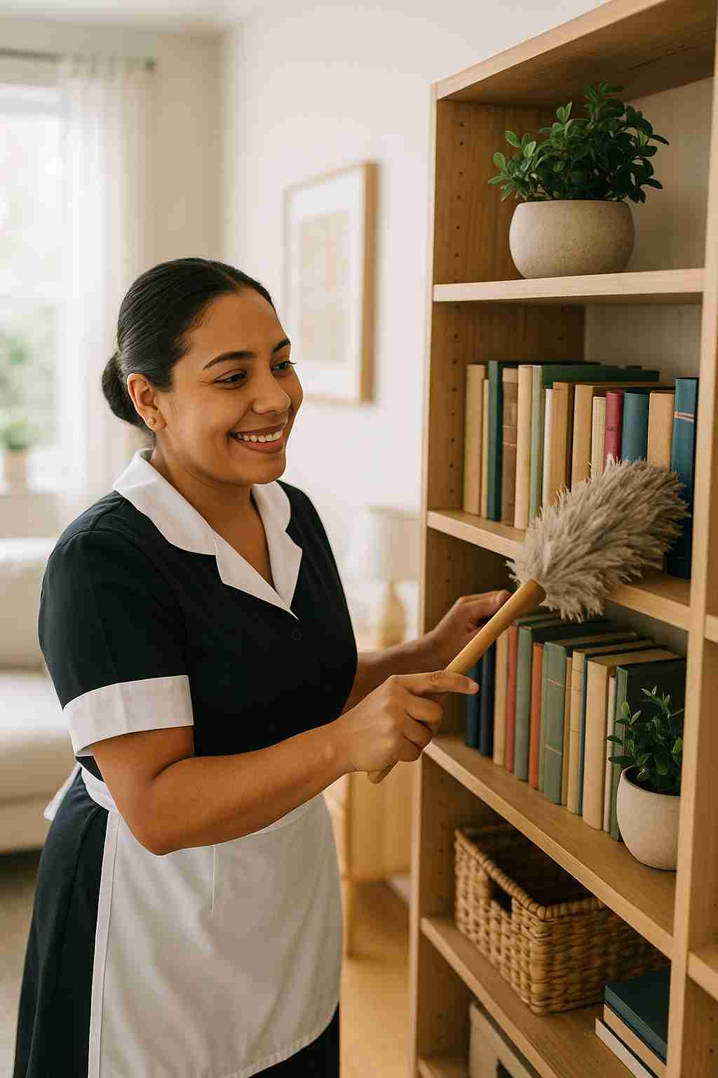 A friendly Hispanic maid carefully dusting a bookshelf in a well-lit, organized living room.