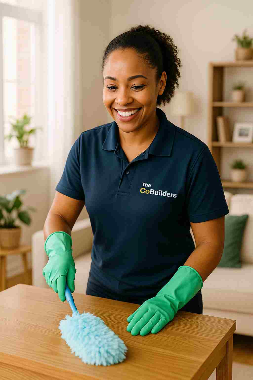 Smiling professional cleaner, with "The CoBuilders" label on their uniform, dusting a bright, welcoming living room—bringing local cleaning help into homes.