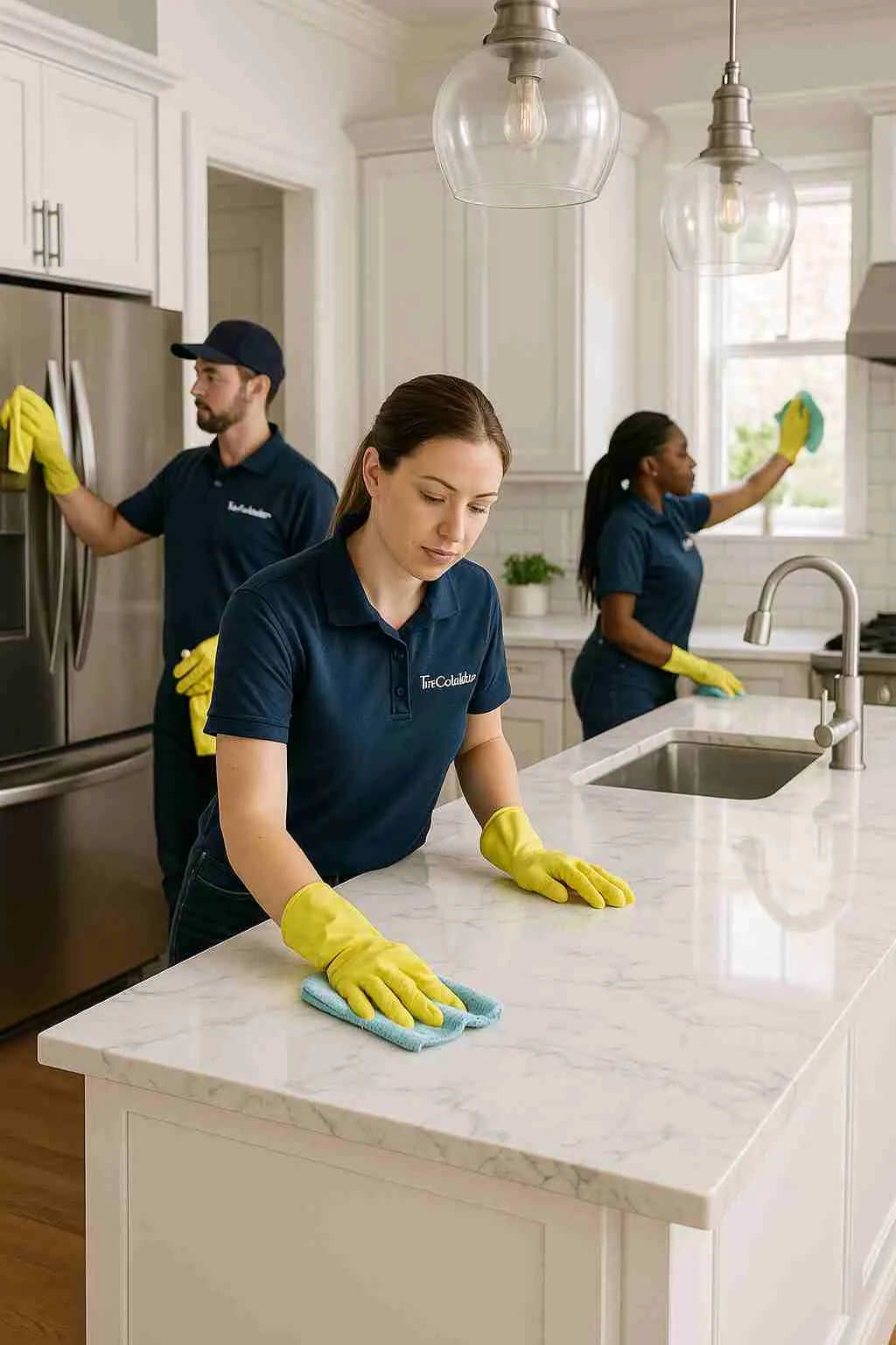Professional house cleaning crew of three, with "The CoBuilders" label on their uniforms, wiping down different pasts of a spacious kitchen in a bright home—providing local house cleaning services.