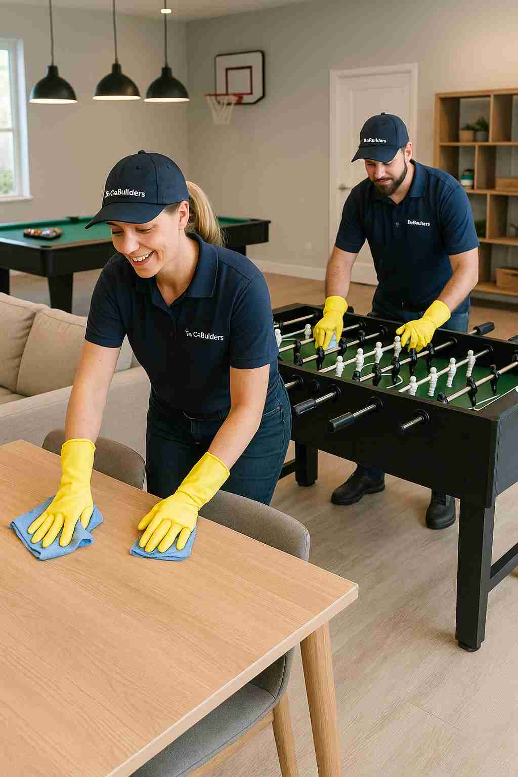 Professional house cleaner cleaning crew of two, with "The CoBuilders" label on their uniform, wearing gloves, wiping down a spacious recreation area —showing trustworthy cleaning beyond too-good-to-be-true prices.