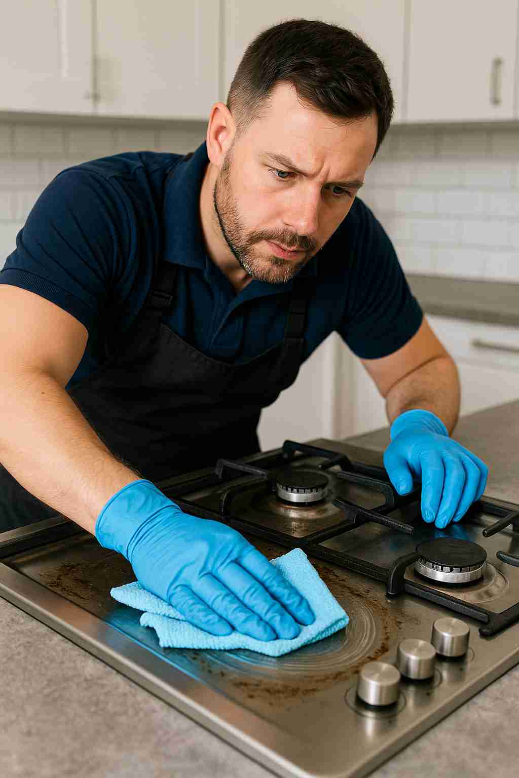 A professional cleaner wiping down a stainless steel stove top, removing grease and grime.