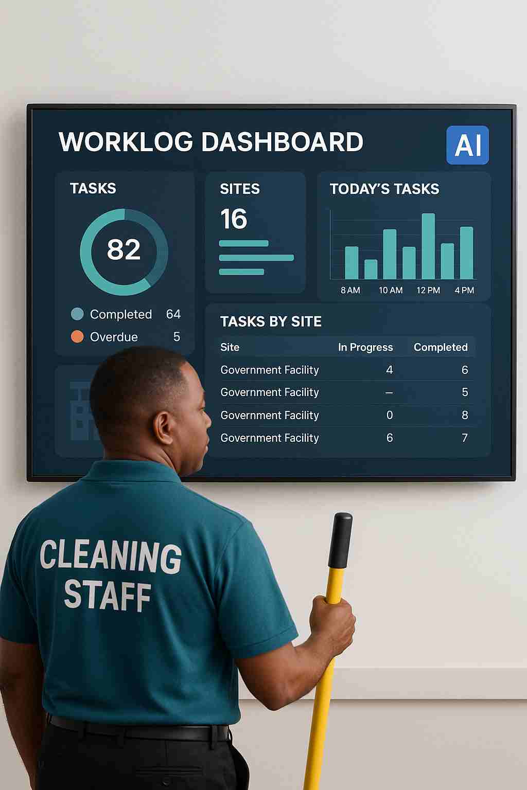 Facility staff checking a digital worklog dashboard, supported by AI to keep government cleaning contracts running smoothly.