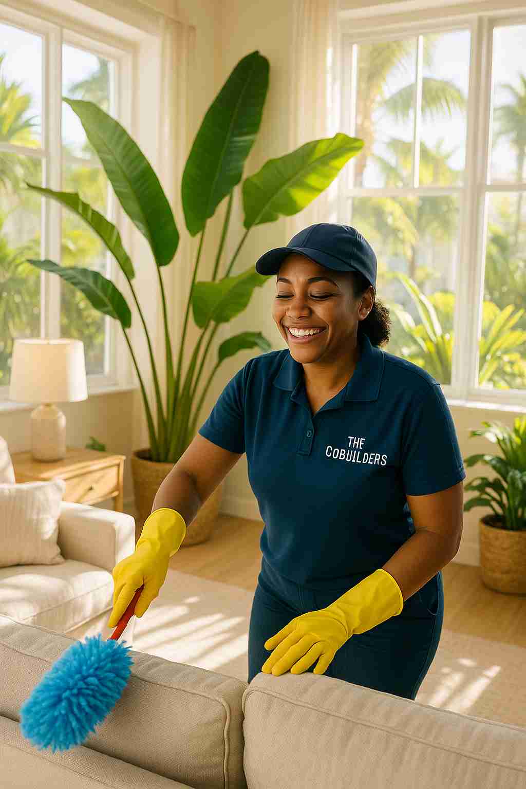 Smiling cleaner, with "The CoBuilders" label on their uniform, dusting a bright Tampa living room, sunlight streaming through tropical plants.