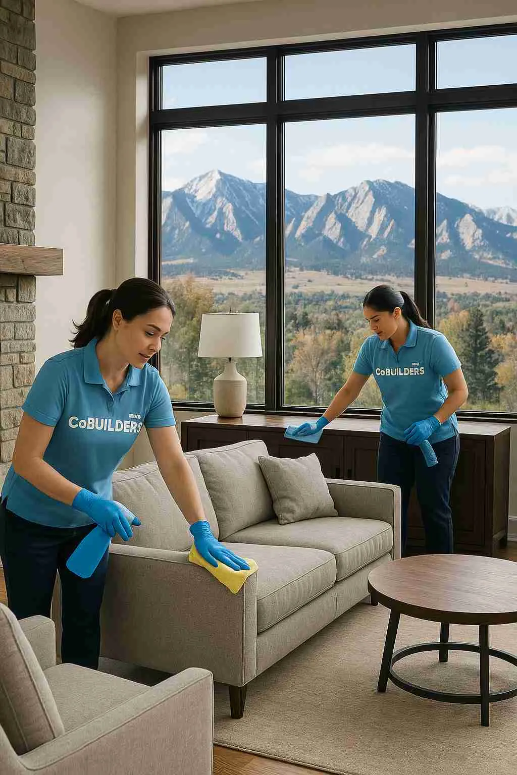 Two professional house cleaners, with "The CoBuilders" label on their uniform, wiping down a spacious Denver living room with mountain views in the background.