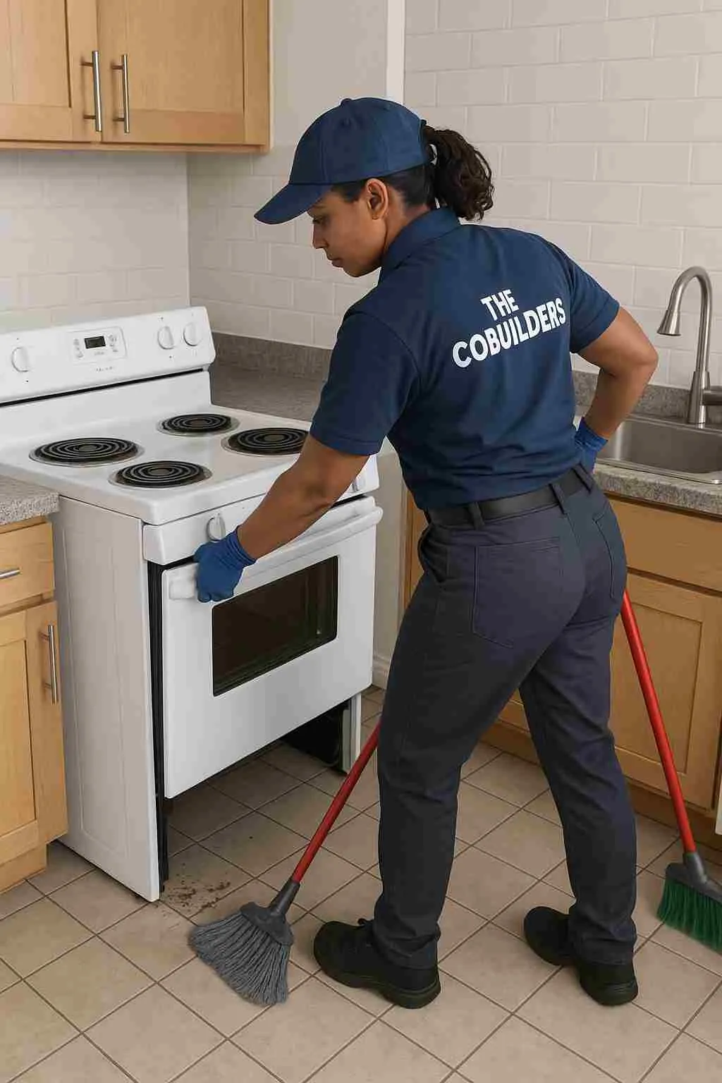 A professional cleaner, with "The CoBuilders" label on their uniform, pulling out a kitchen stove to sweep and mop underneath—eliminating food and moisture that attract roaches.