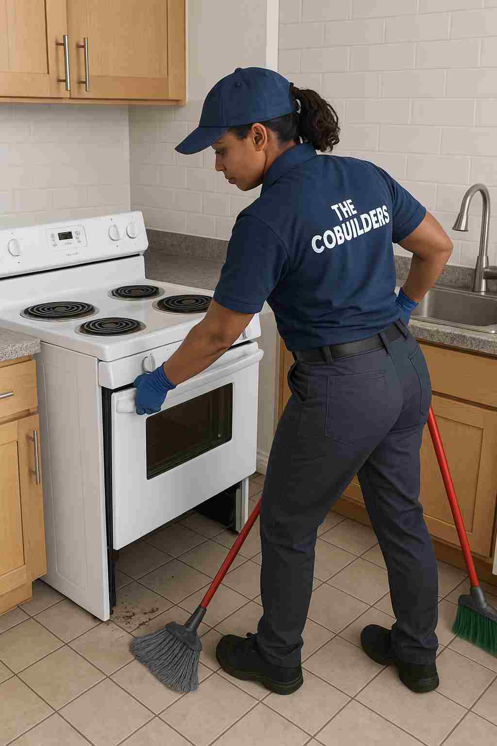 A professional cleaner, with "The CoBuilders" label on their uniform, pulling out a kitchen stove to sweep and mop underneath—eliminating food and moisture that attract roaches.