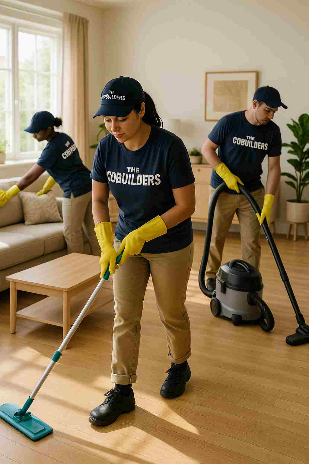 A crew of three house cleaners, with "The CoBuilders" able on their uniform, mopping, dusting and vacuuming a sunny living room floor, helping homeowners keep a clean home on a budget.