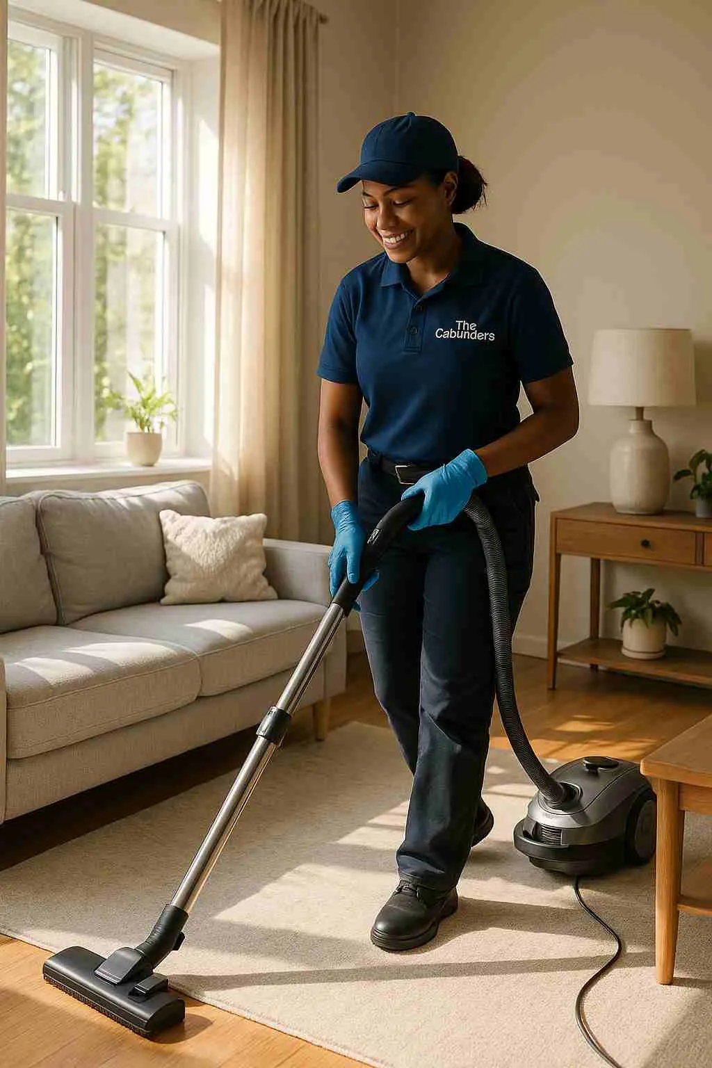 Professional cleaner, with "The CoBuilders" label on their uniform, vacuuming a living room with sunlight streaming in—keeping local homes clean and inviting.
