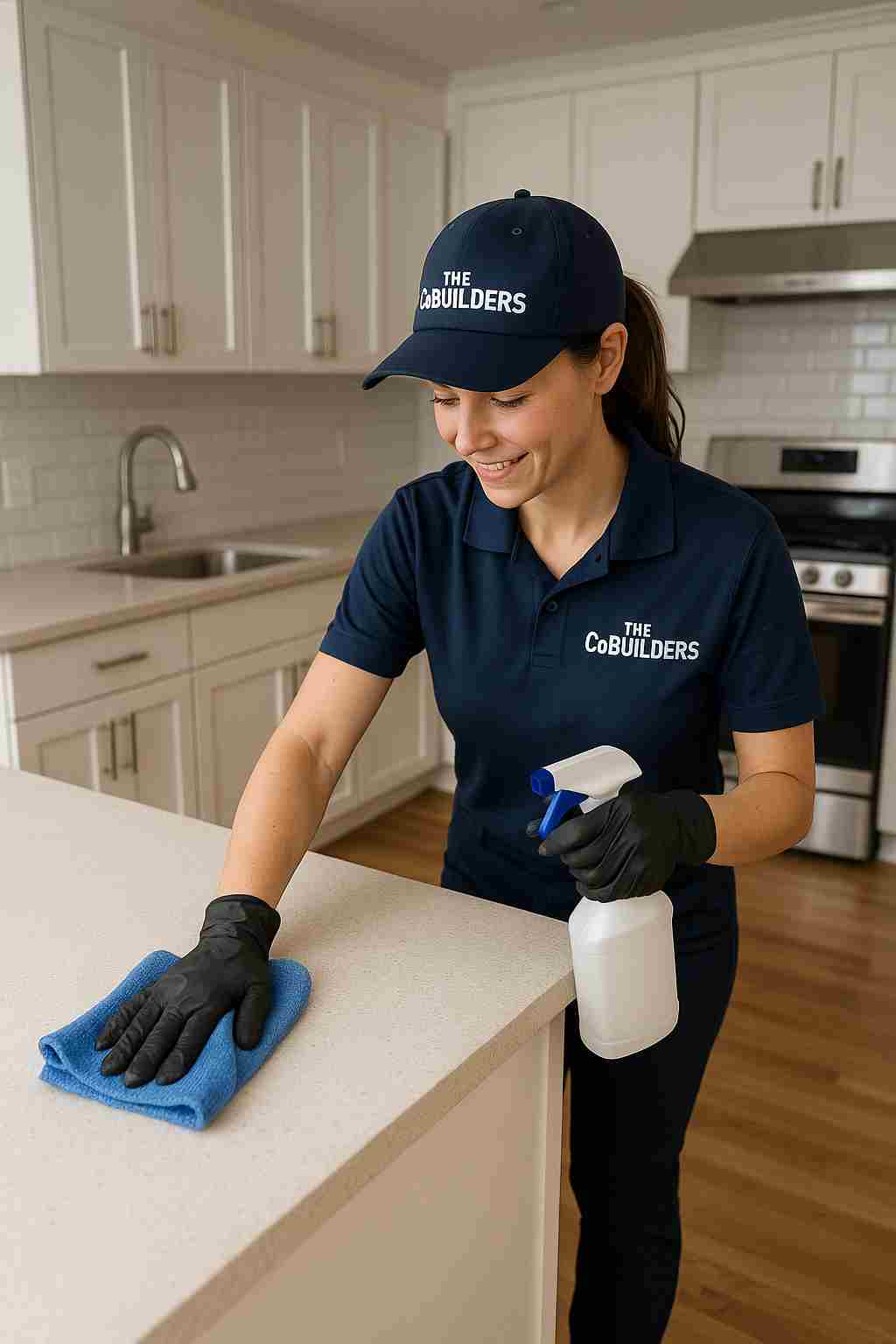 Professional cleaner, with "The CoBuilders" label on their uniform, wiping down empty kitchen counters, preparing a house for move-in or move-out.