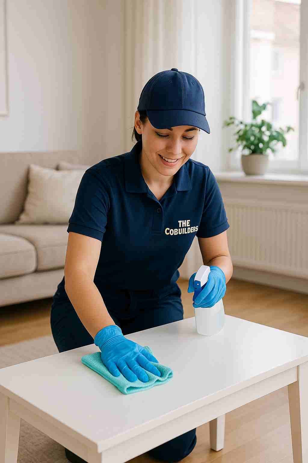 Professional cleaner, with "The CoBuilders" label on their uniform, wiping down a bright living room table—delivering local home cleaning services.