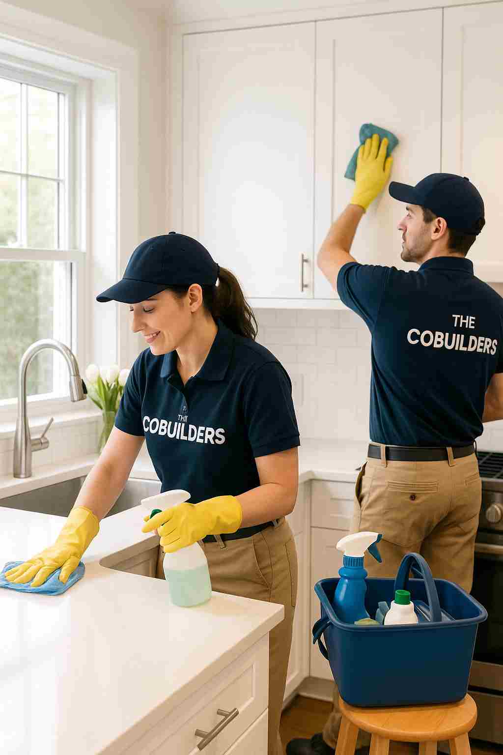 Two professional cleaners, with "The CoBuilders" label on their uniforms, cleaning different parts of a bright kitchen — delivering trusted local home cleaning services.