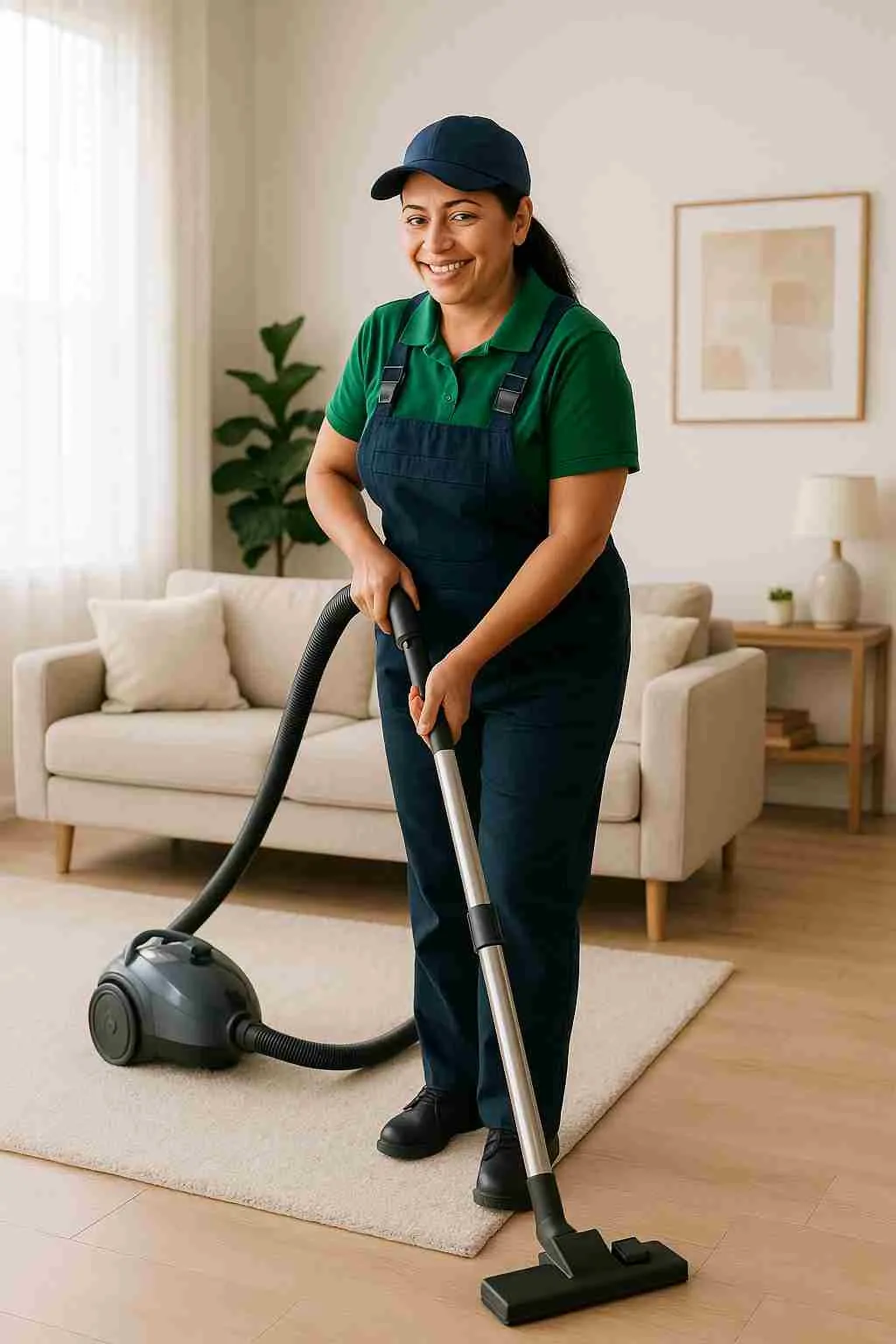 Professional Mexican cleaner vacuuming a bright living room, helping homeowners keep a clean house without the hassle.