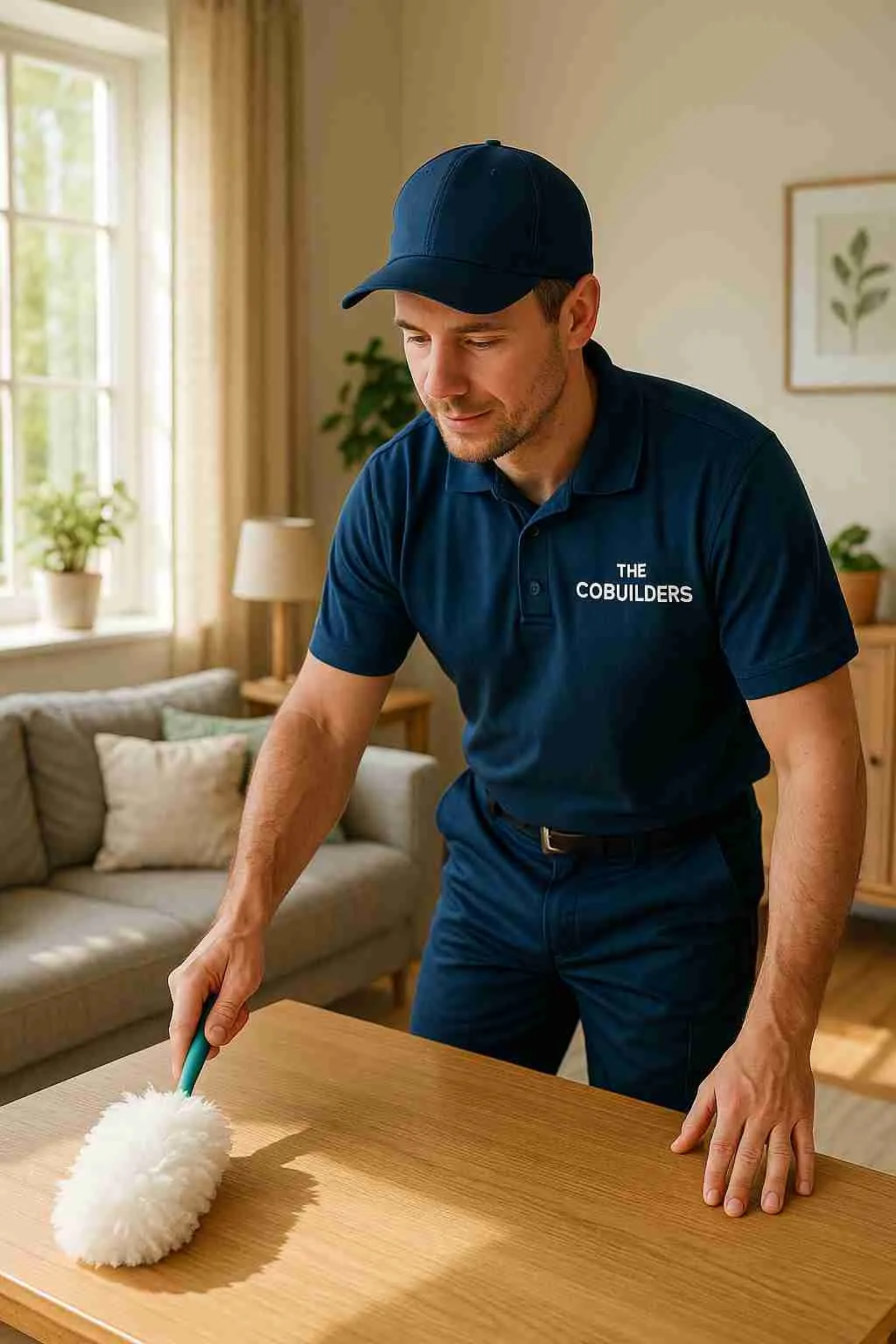 Male white professional cleaner with "The CoBuilders" label on their uniform, dusting a sunny living room, helping homeowners keep a clean house with ease.