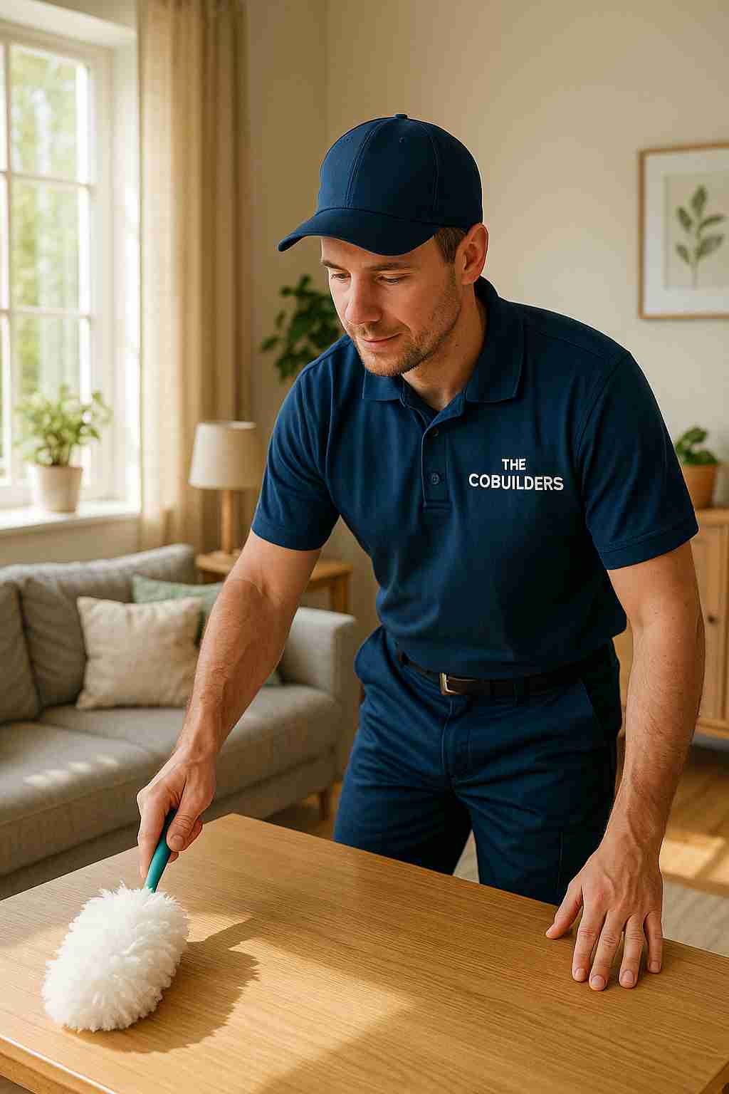 Male white professional cleaner with "The CoBuilders" label on their uniform, dusting a sunny living room, helping homeowners keep a clean house with ease.