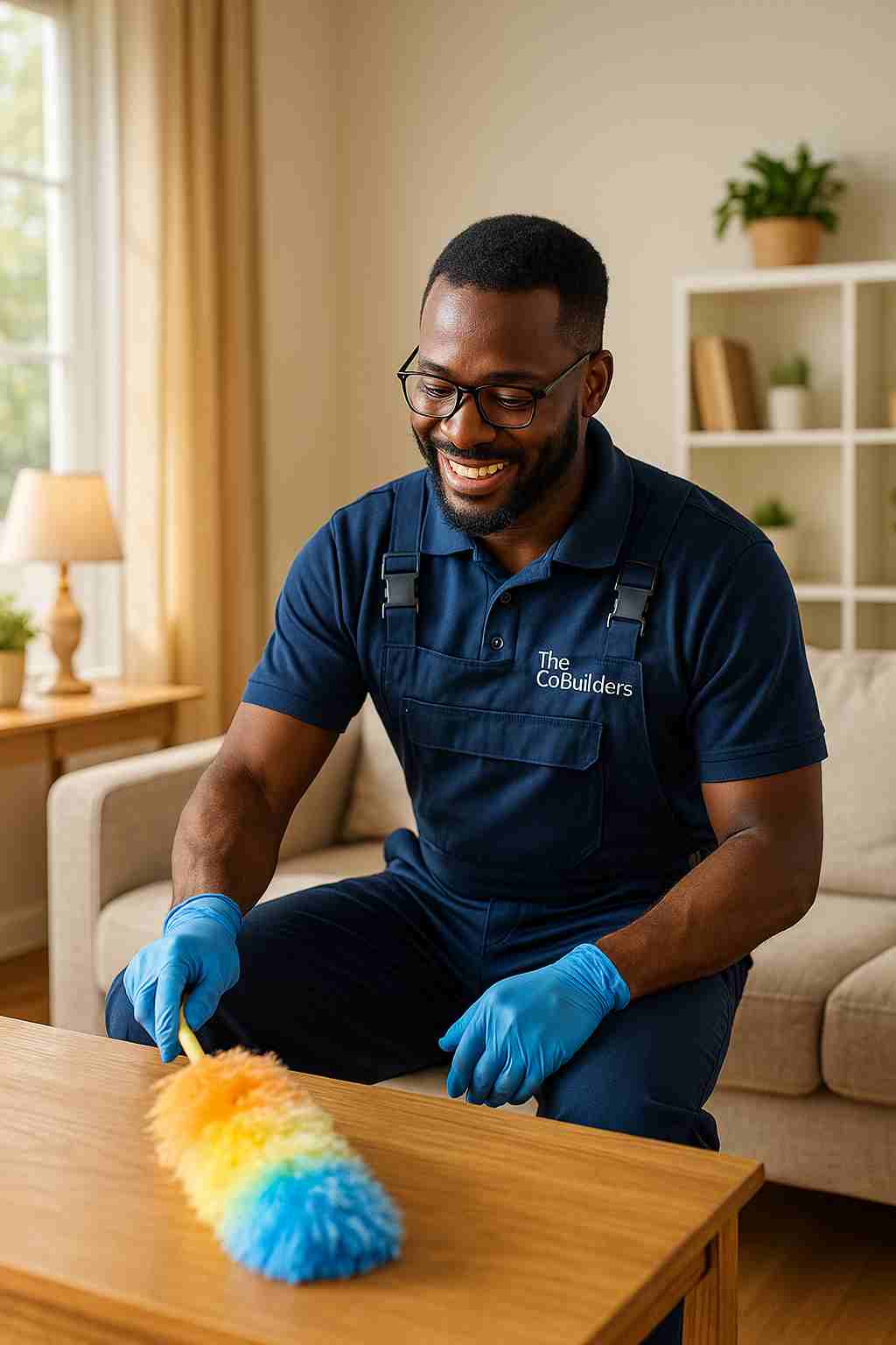 Professional African male cleaner with "The CoBuilders" label on their uniform, dusting a sunny living room, helping homeowners keep their houses spotless.