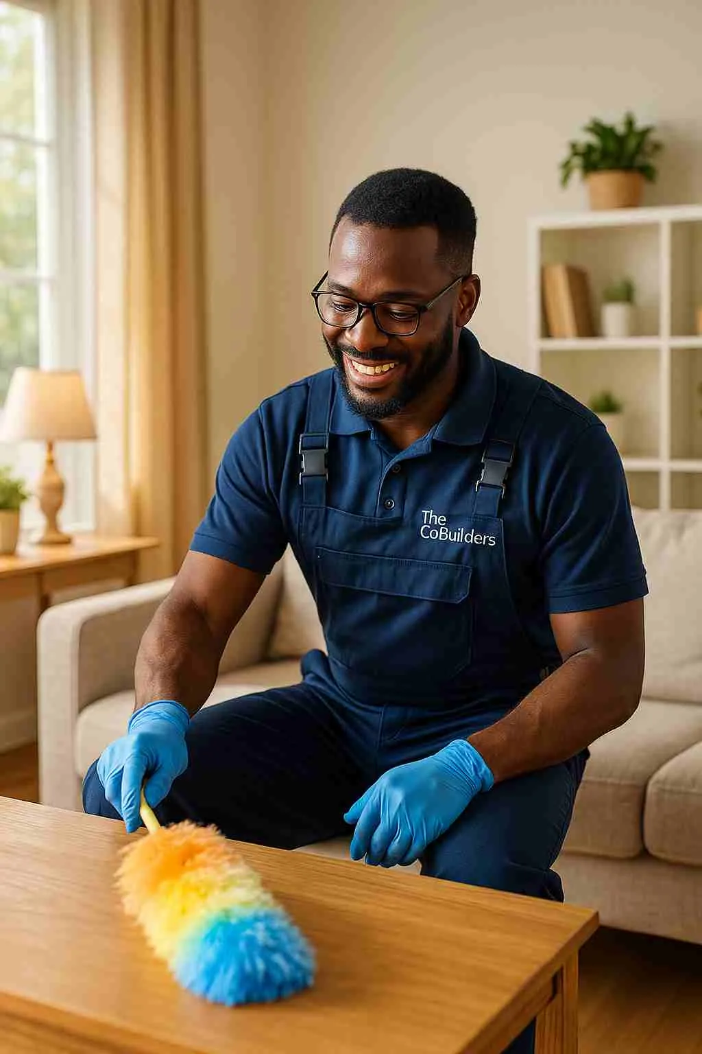 Professional African male cleaner with "The CoBuilders" label on their uniform, dusting a sunny living room, helping homeowners keep their houses spotless.