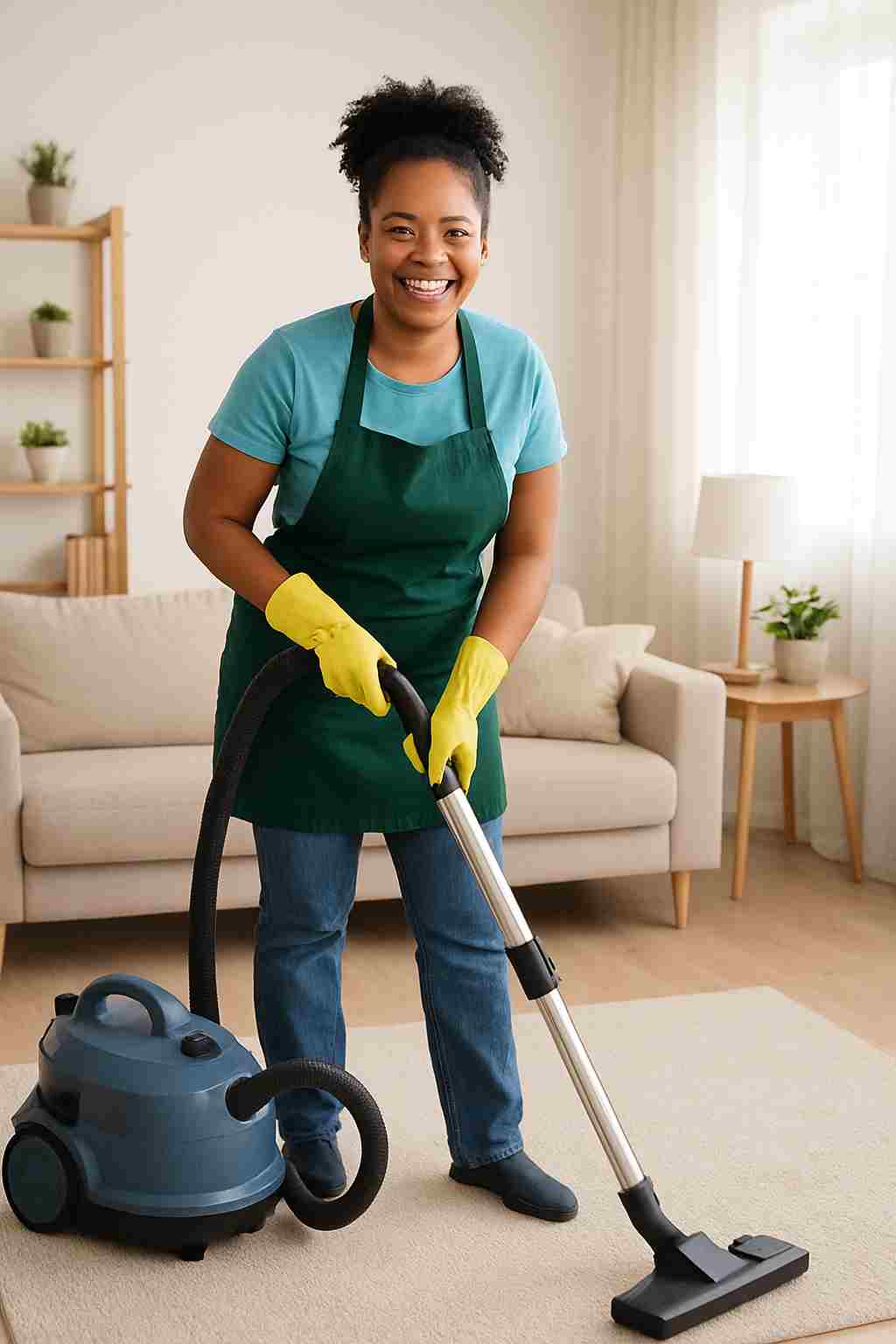 Smiling cleaner vacuuming a bright living room, helping homeowners keep a tidy home without the stress.