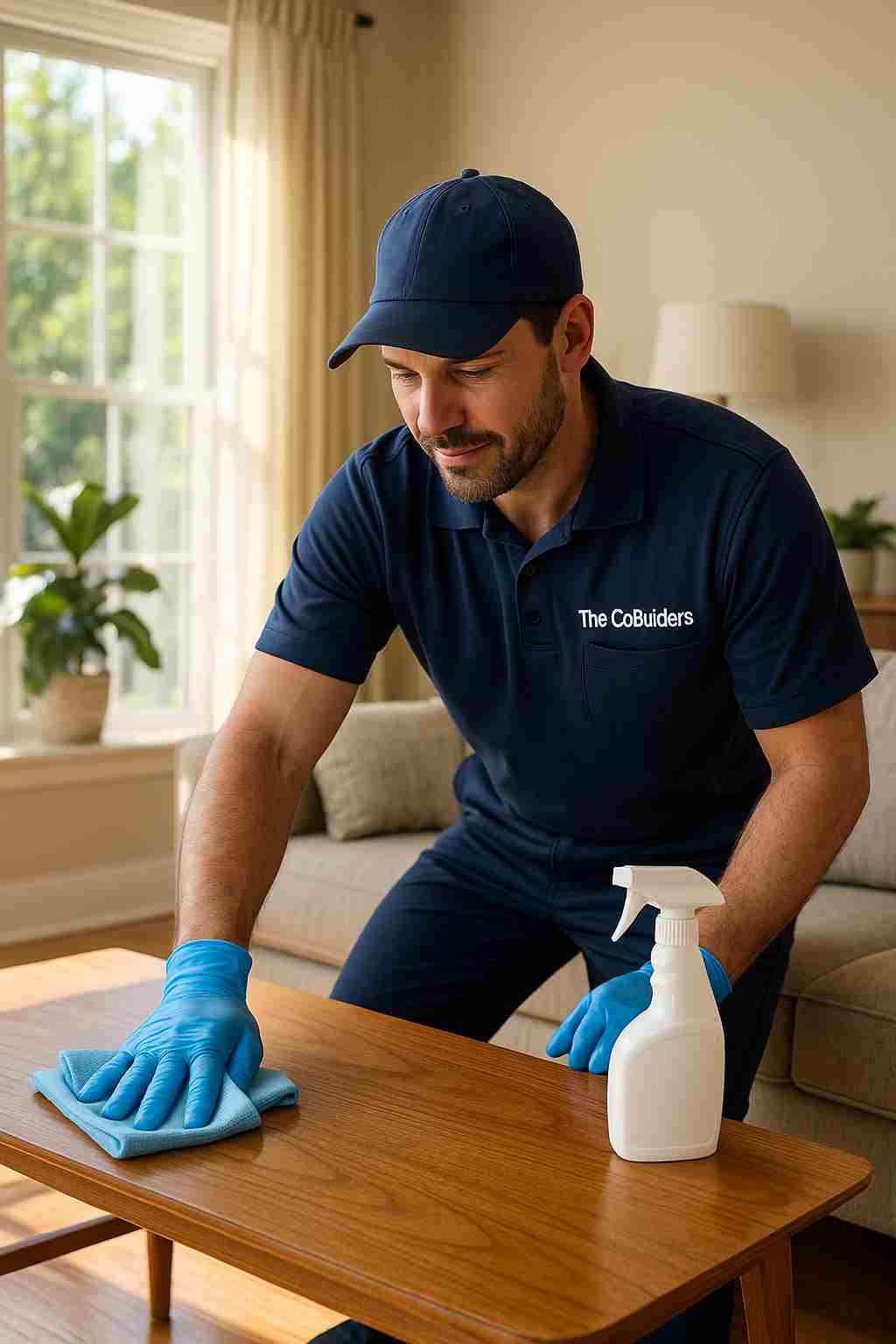 A professional male cleaner with "The CoBuilders" label on their uniform wiping down a sunny living room table, helping maintain a spotless home.