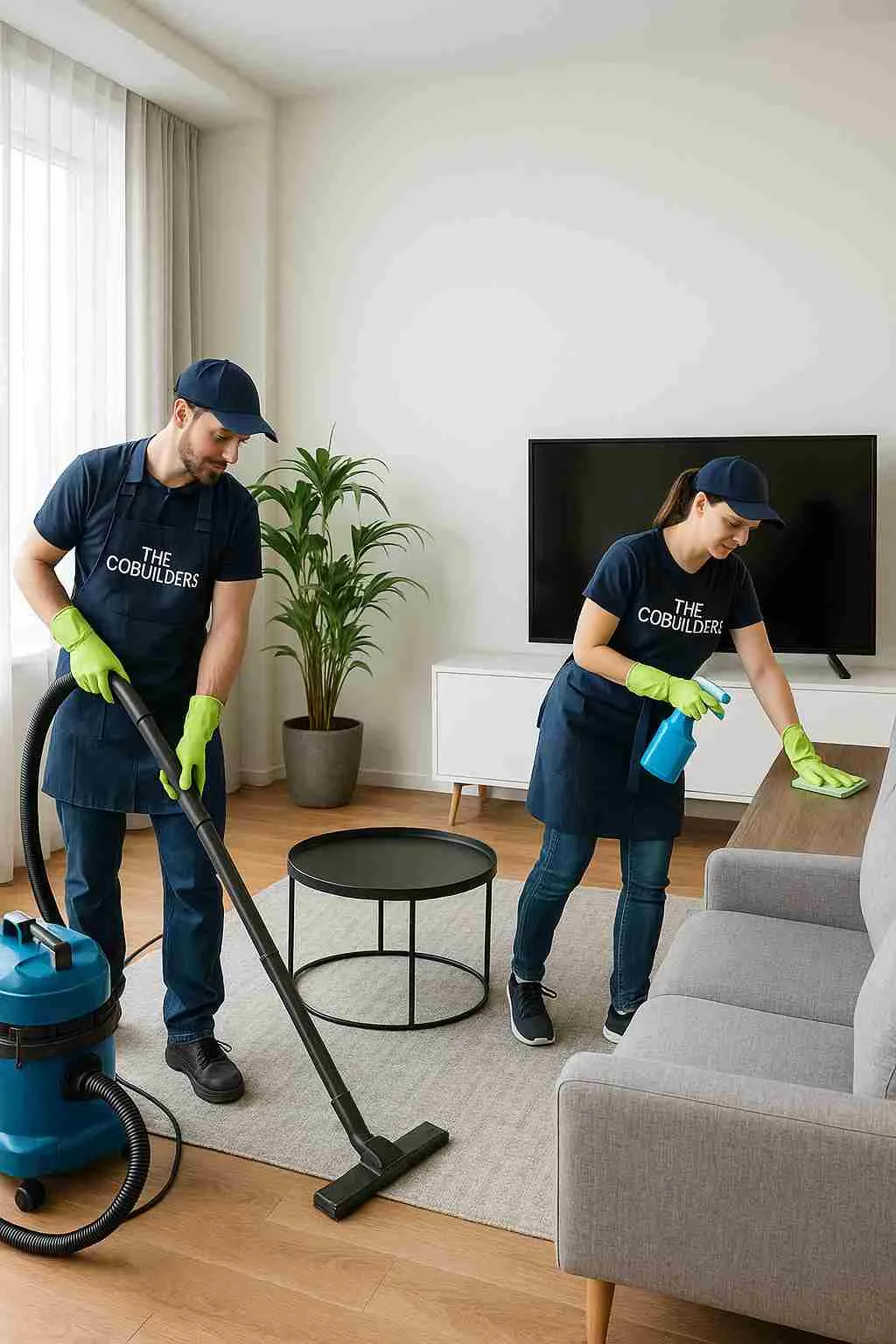 Professional crew of two cleaners, with "The CoBuilders" label on their uniform, performing a deep cleaning house cleaning service in different areas of a modern living room