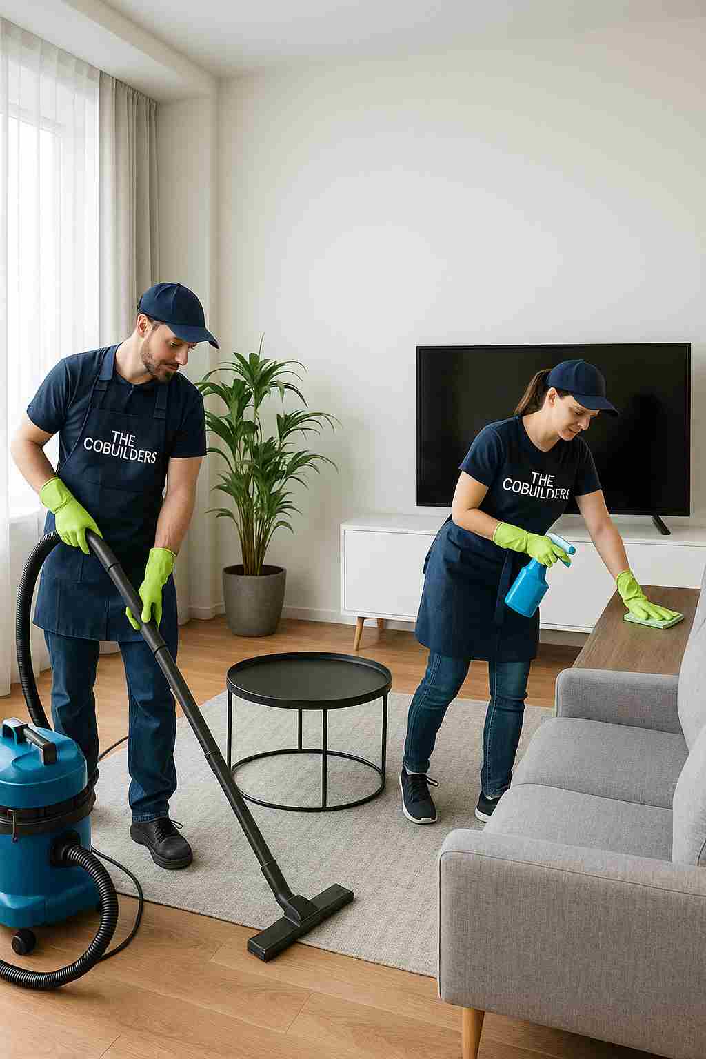 Professional crew of two cleaners, with "The CoBuilders" label on their uniform, performing a deep cleaning house cleaning service in different areas of a modern living room