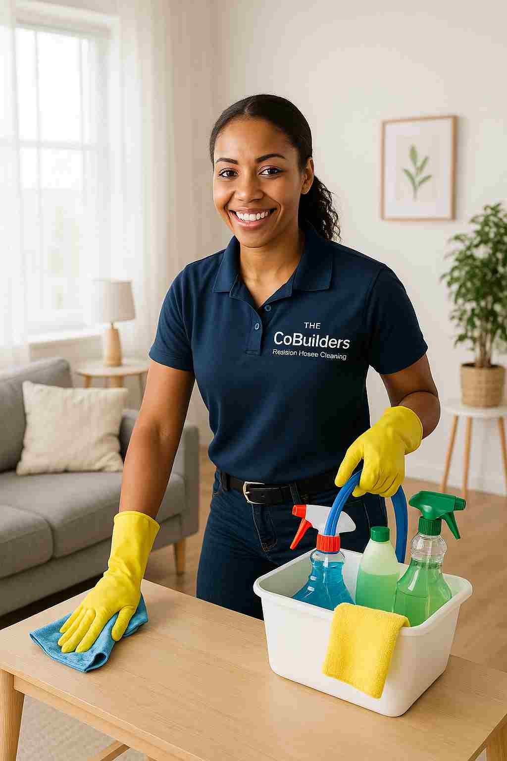 Professional cleaner, with "The CoBuilders" label providing Houston house cleaning service in a bright living room