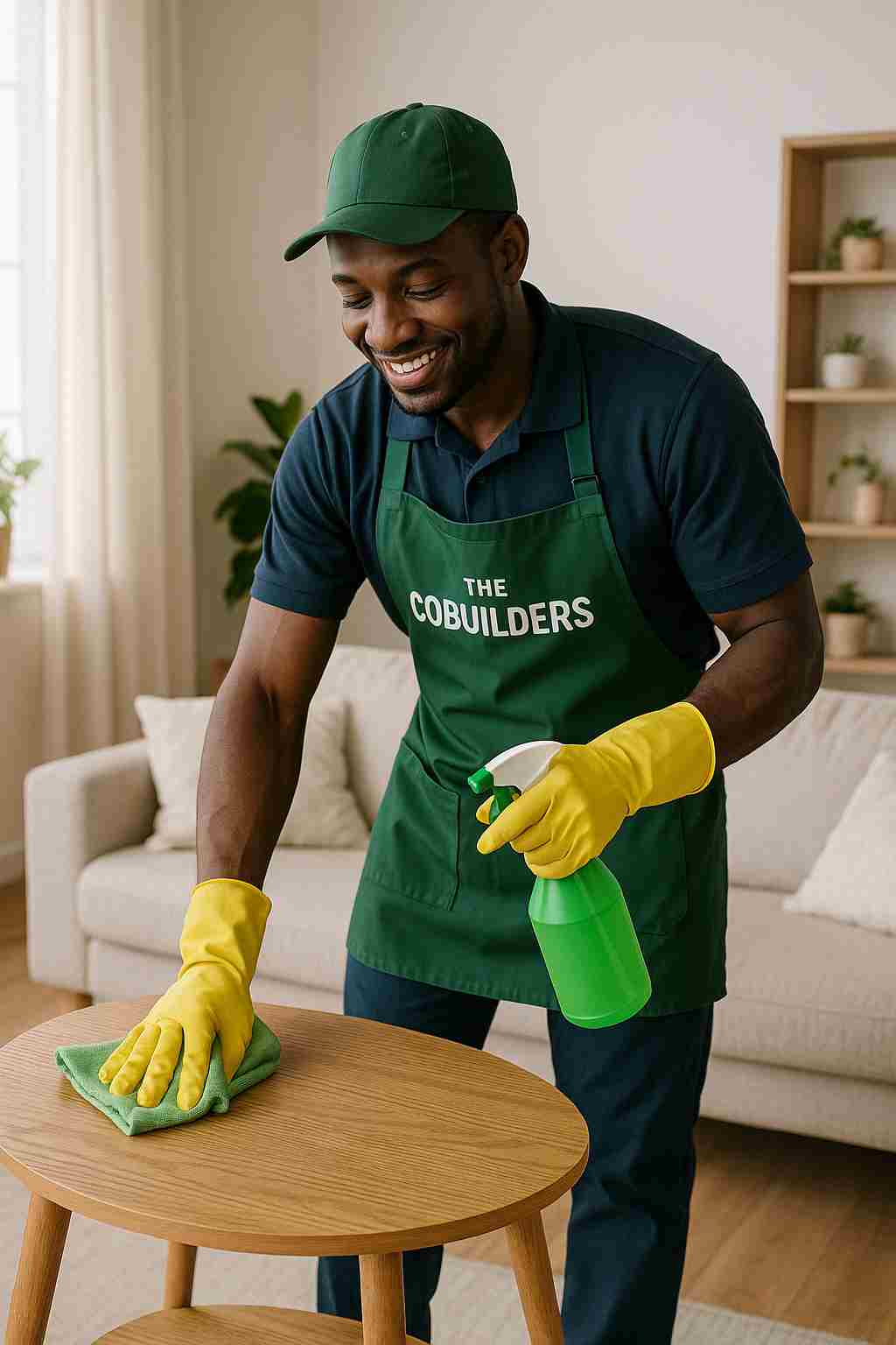 African male professional cleaner with "The CoBuilders" label on their uniform, providing eco-friendly house cleaning service in a bright living room near me