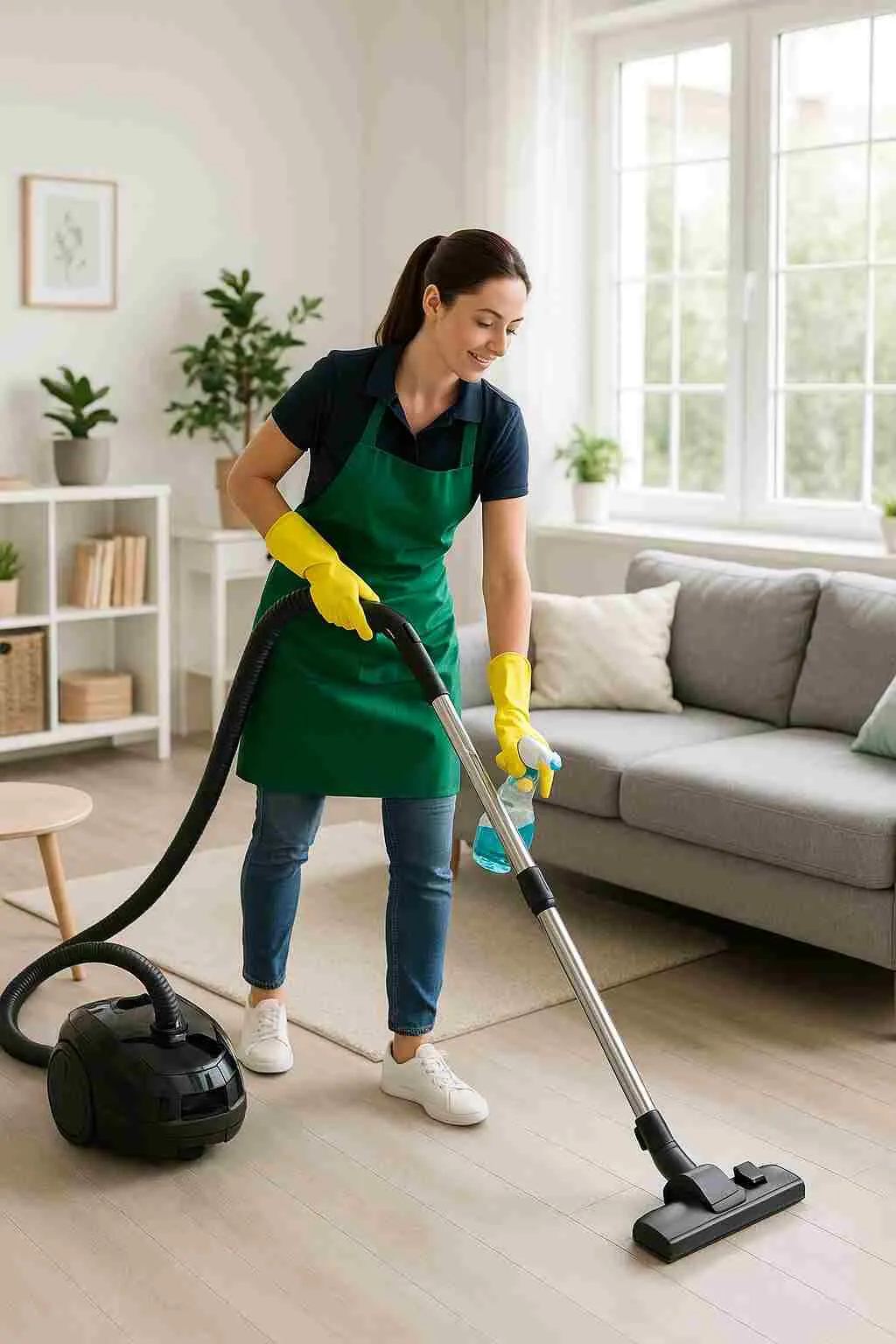 Cleaner performing deep clean house cleaning service in a bright, modern home near me