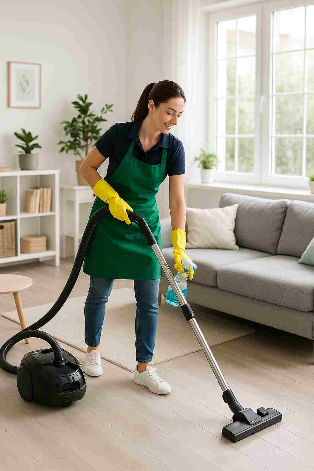 Cleaner performing deep clean house cleaning service in a bright, modern home near me
