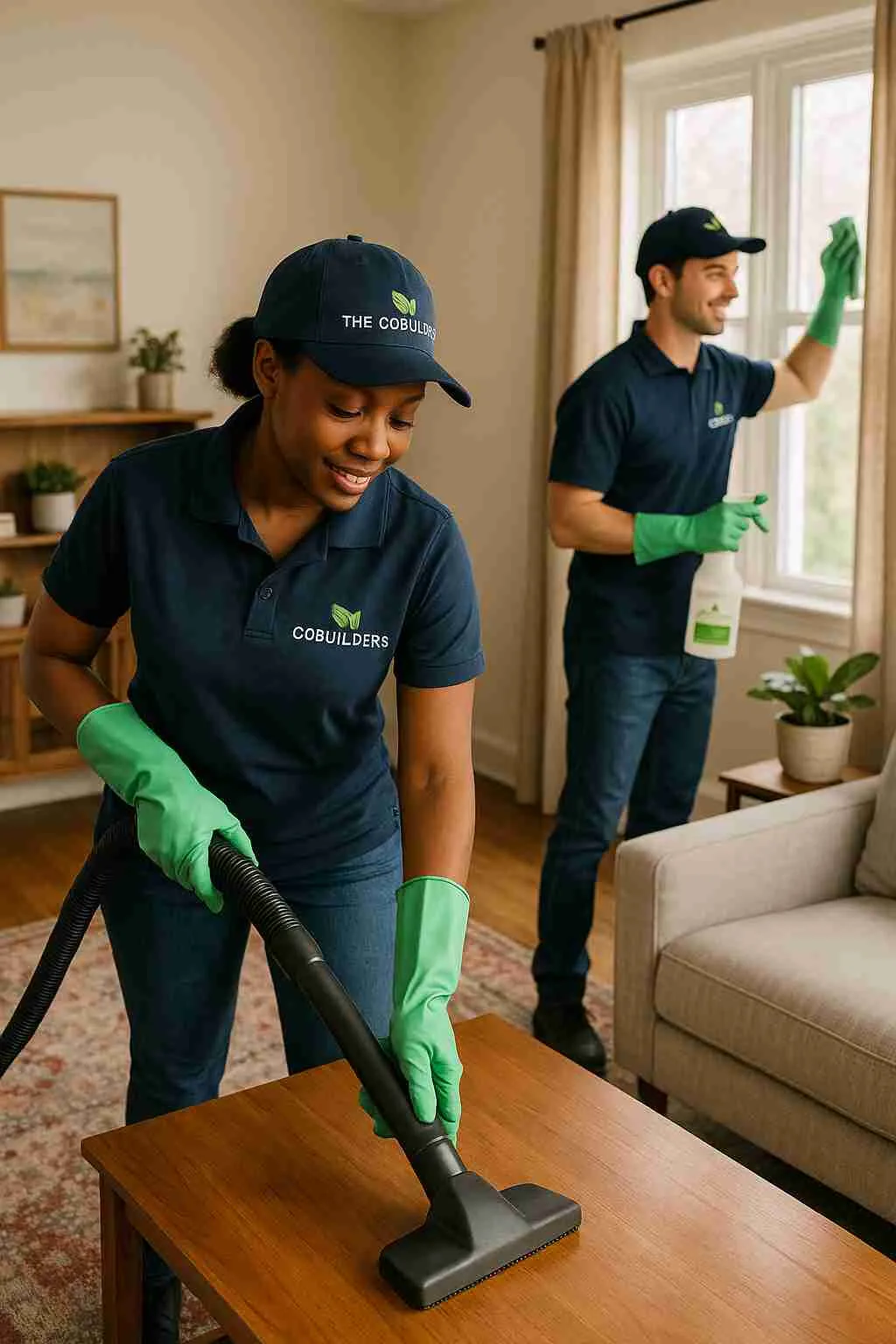 Two professional cleaners with "The CoBuilders" label on their uniforms, providing eco-friendly cleaning services in a Northeast Philadelphia living room